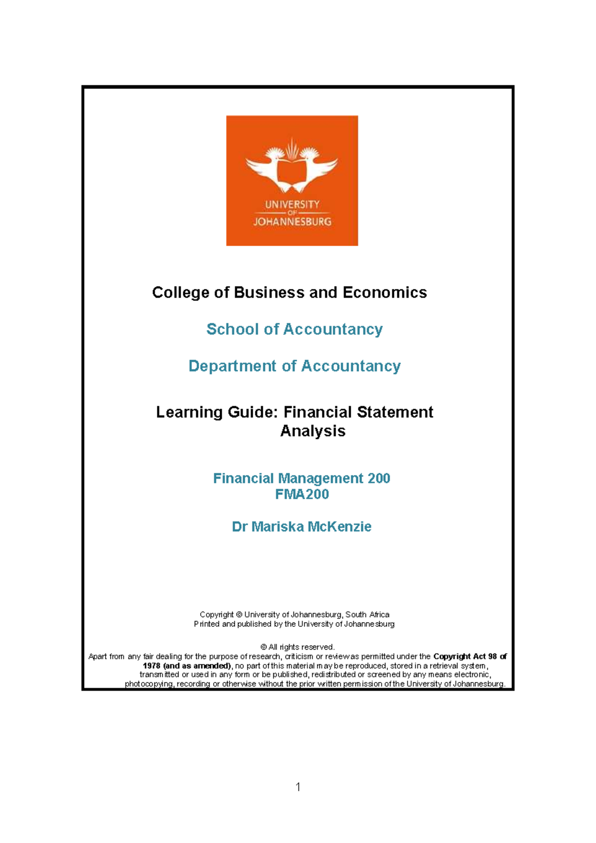 Financial Statement Analysis Learning Guide: FMA200 - Studocu