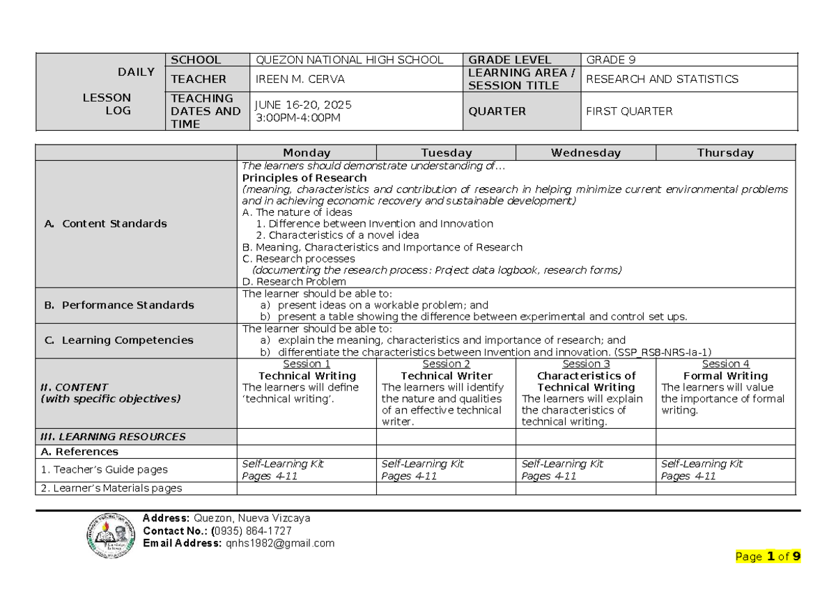 DAILY LESSON LOG: GRADE 9 RESEARCH & STATISTICS - TECHNICAL WRITING ...