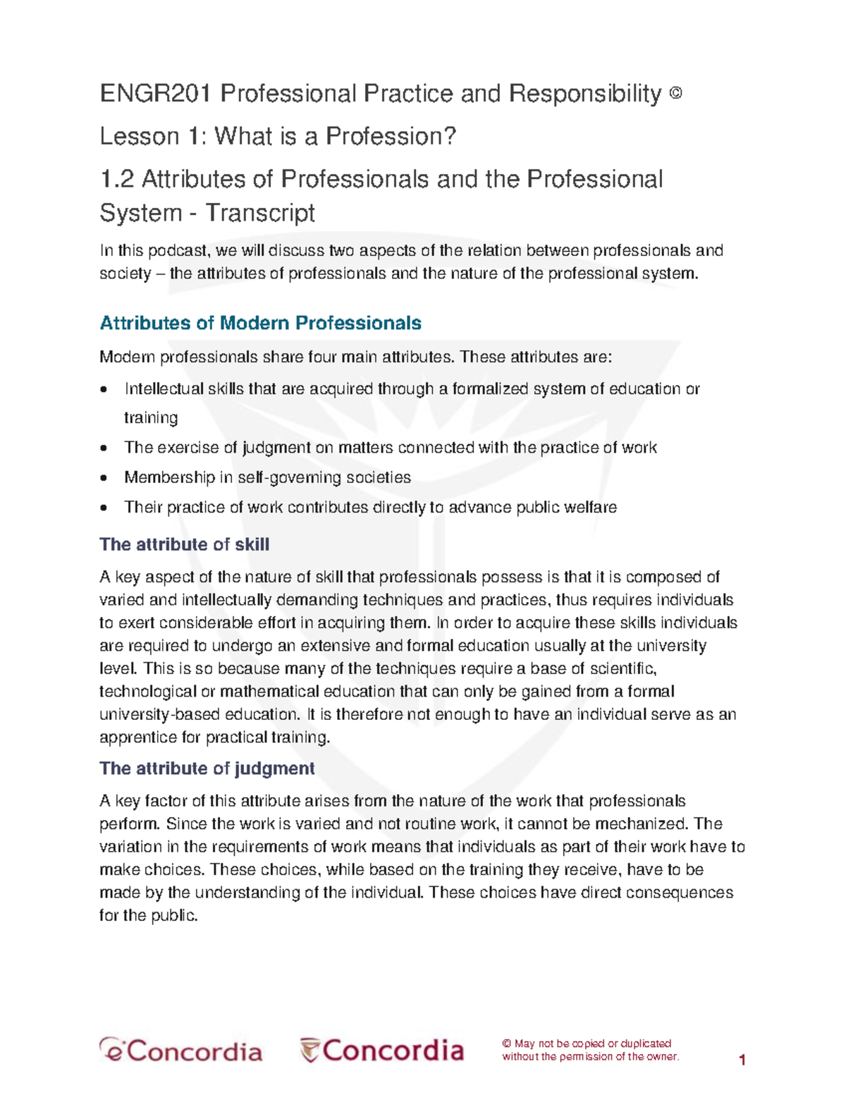 ENGR201 Professional Practice Lesson 1: Attributes of Professionals ...