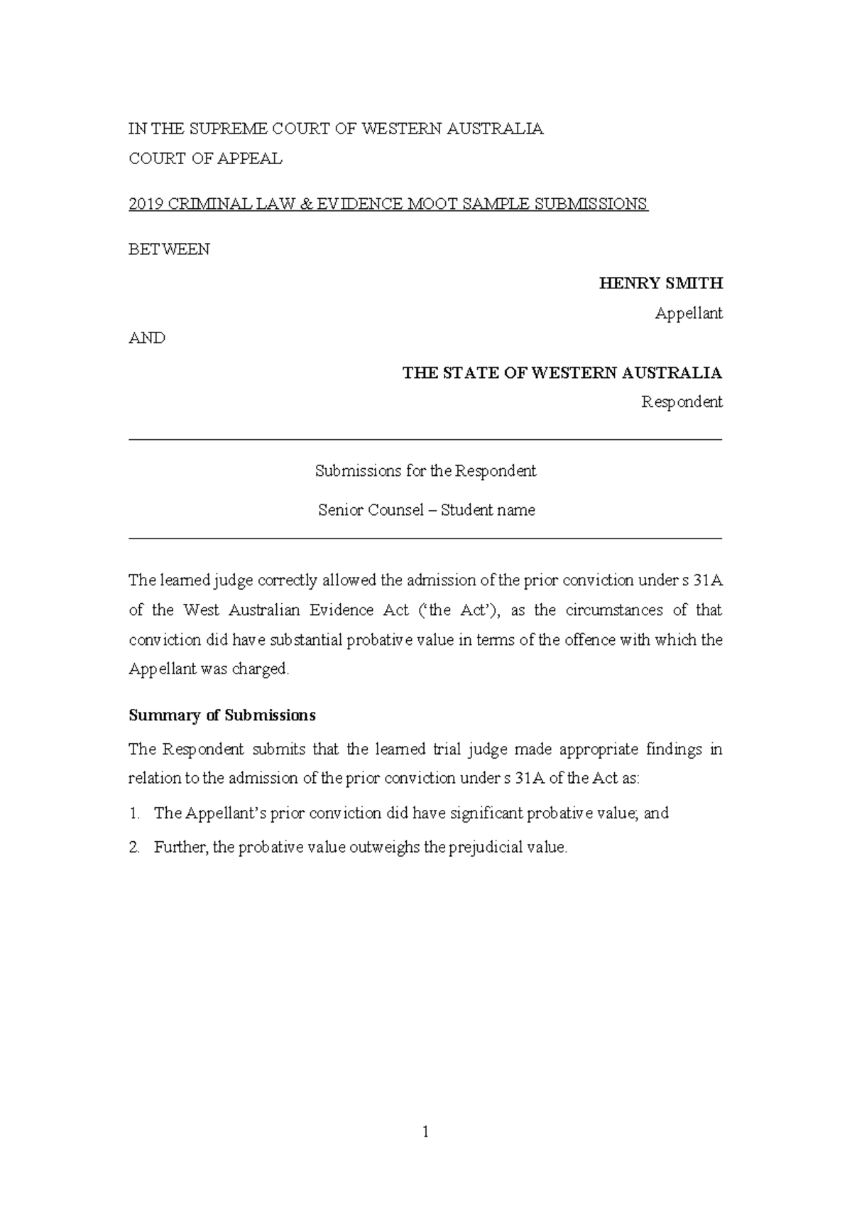 2019 WA Court of Appeal Criminal Law Evidence Moot Submissions - Studocu