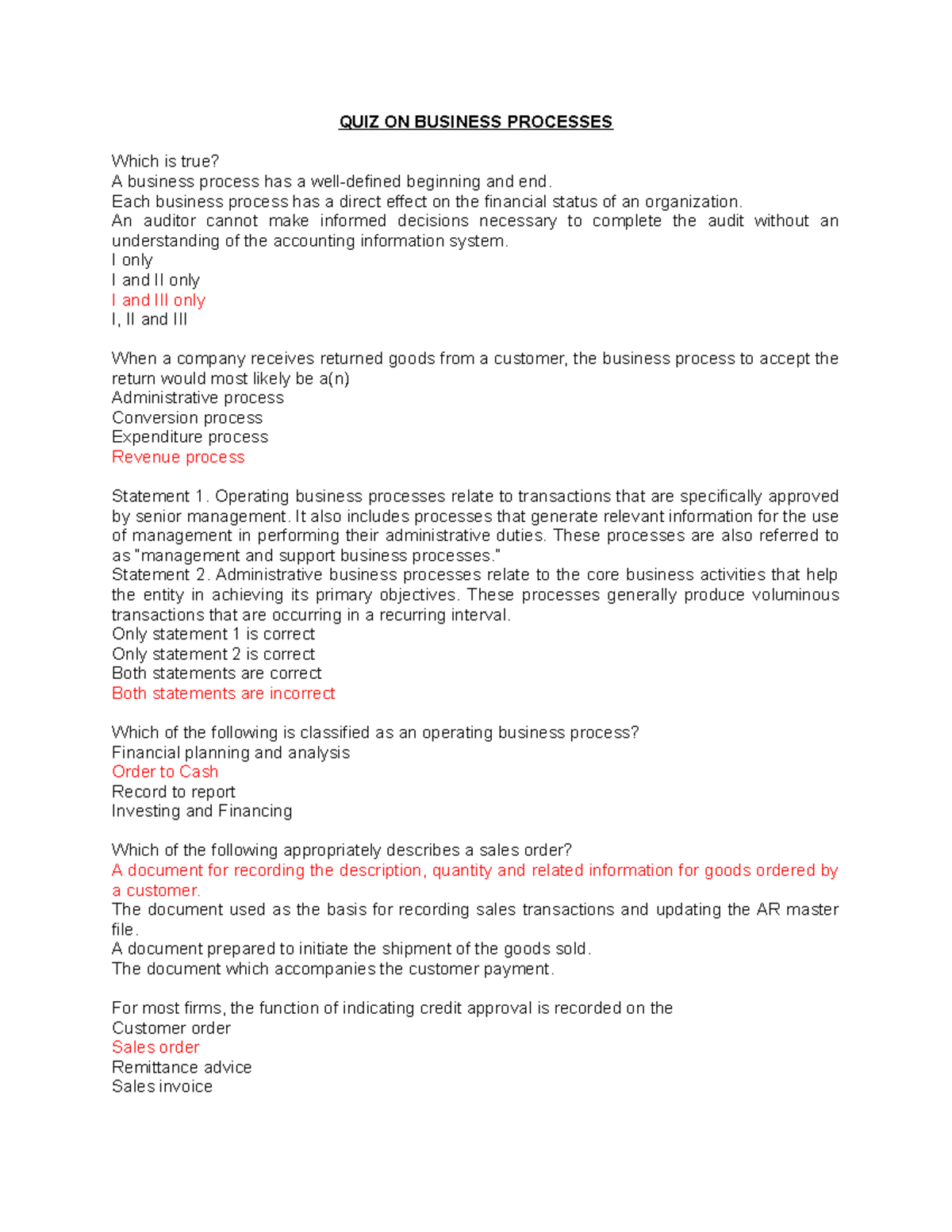 QUIZ ON BUSINESS PROCESSES: Understanding Key Concepts and Functions ...
