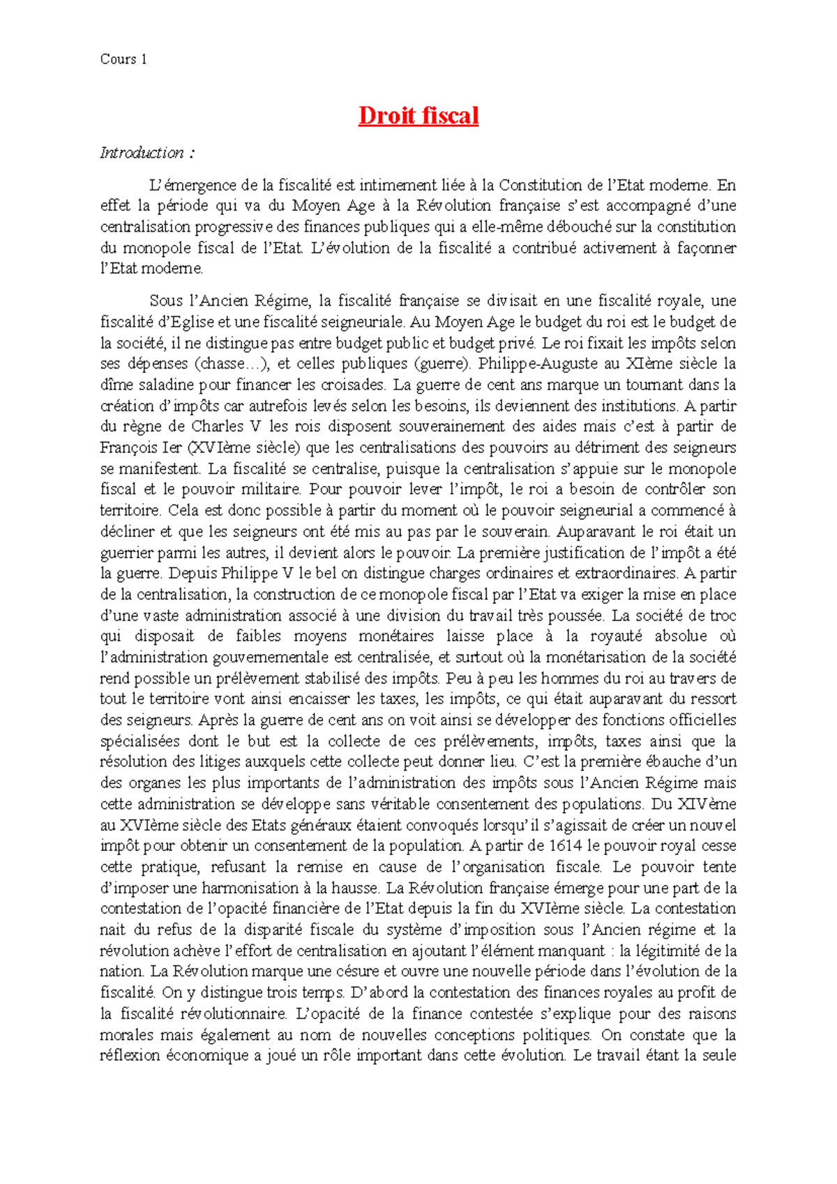 Cours 1 droit fiscal - Droit fiscal Introduction : L’émergence de la ...
