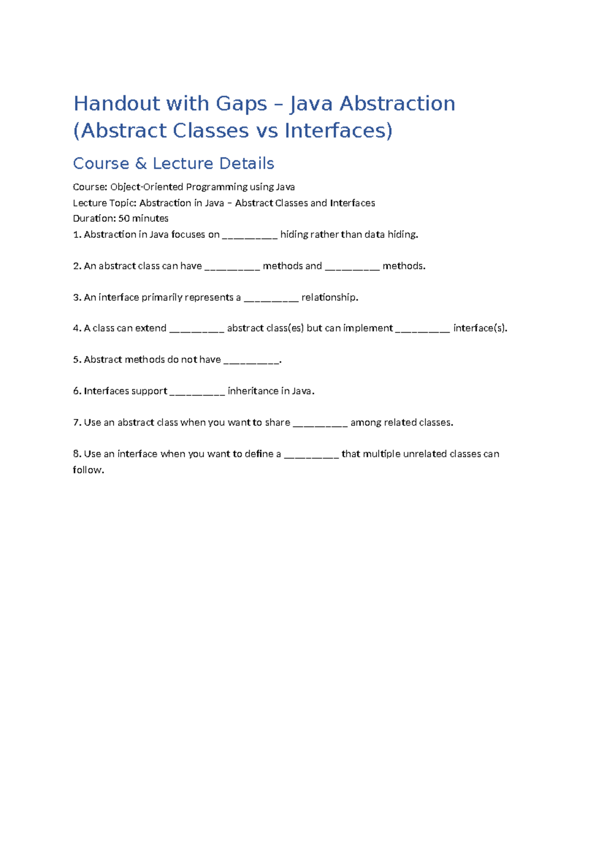 Java Abstraction: Abstract Classes vs Interfaces - Lecture Handout ...