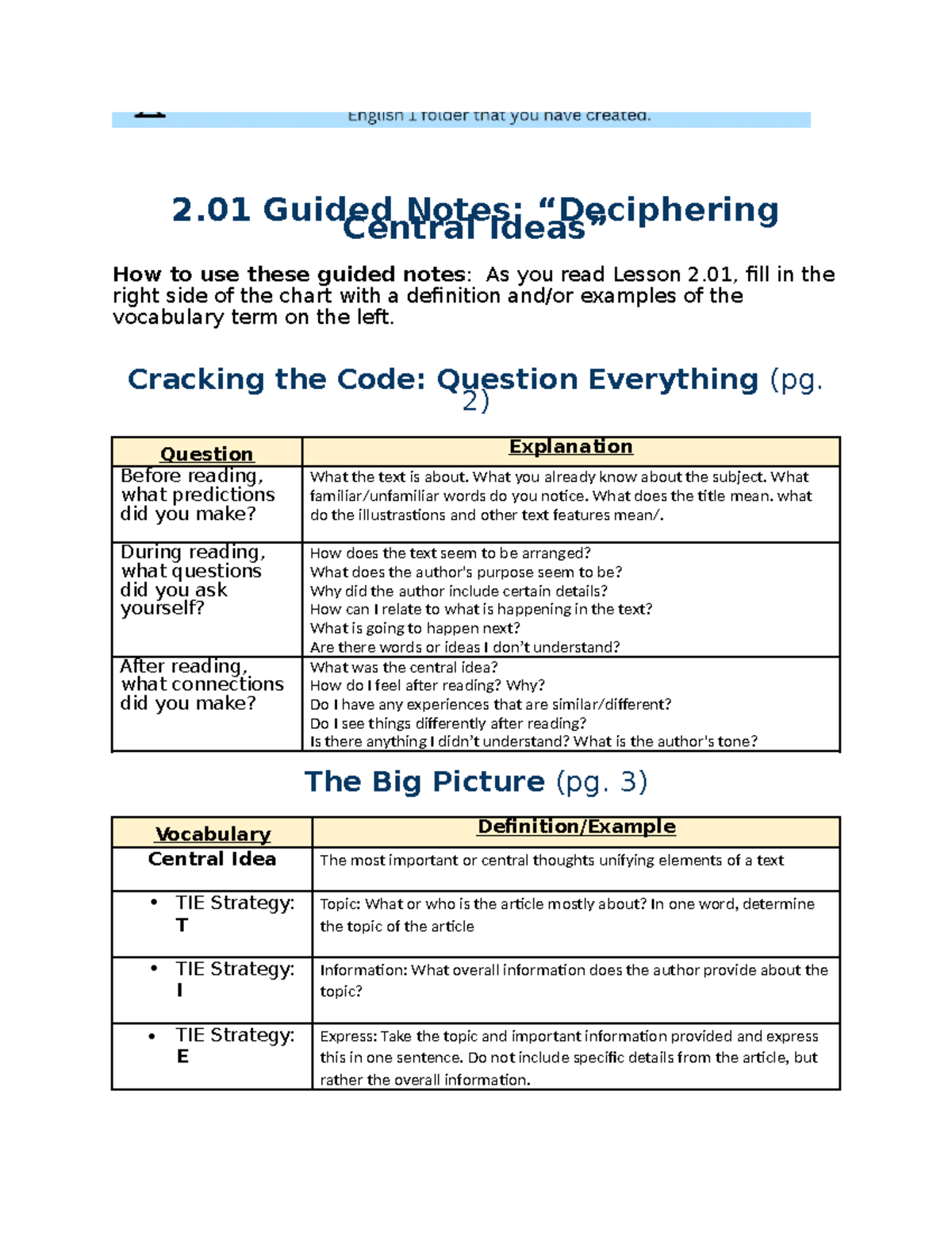 2.01 Guided Notes: Deciphering Central Ideas and Text Structures - Studocu