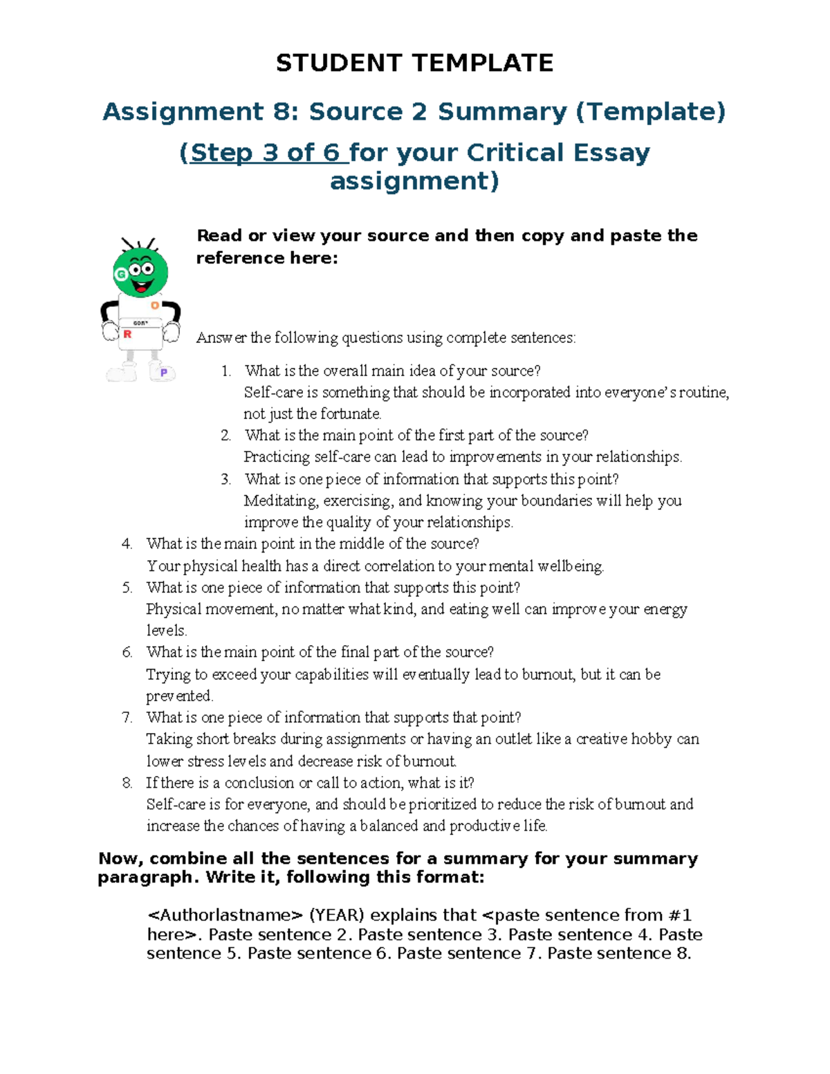 Assignment 8: Source 2 Summary for Critical Essay - Studocu