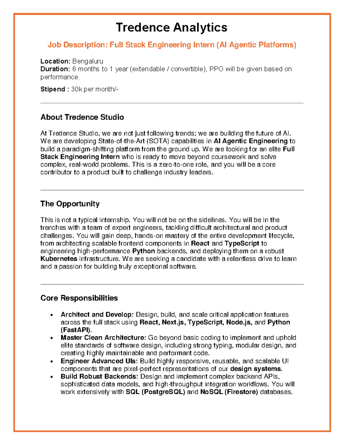 JD for Full Stack Engineer Intern - Tredence Analytics Case Study - Studocu