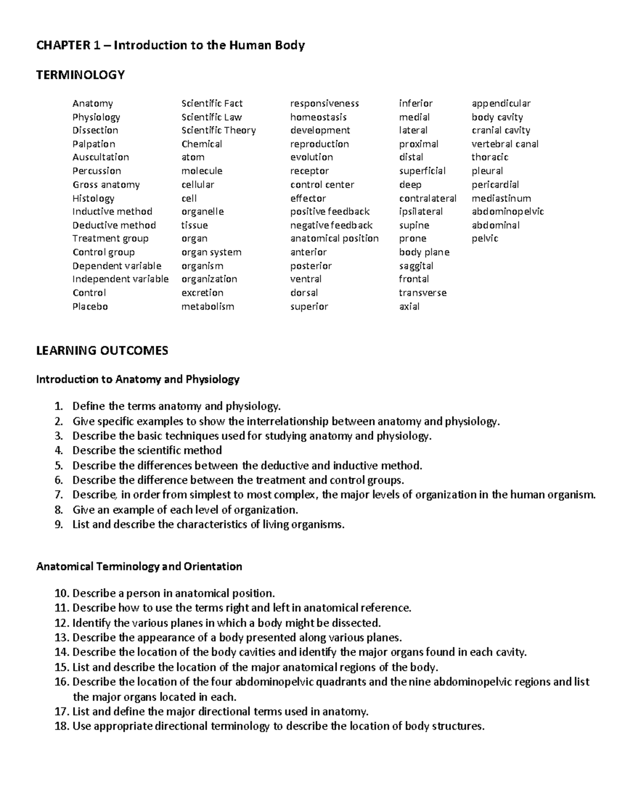 Chapter 1 Study Guide - CHAPTER 1 – Introduction to the Human Body ...
