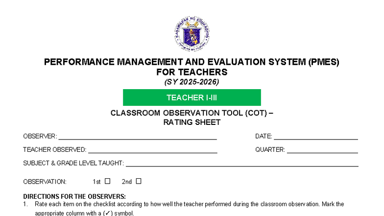 COT Rating Sheet for Proficient Teacher Evaluation (SY) - Studocu