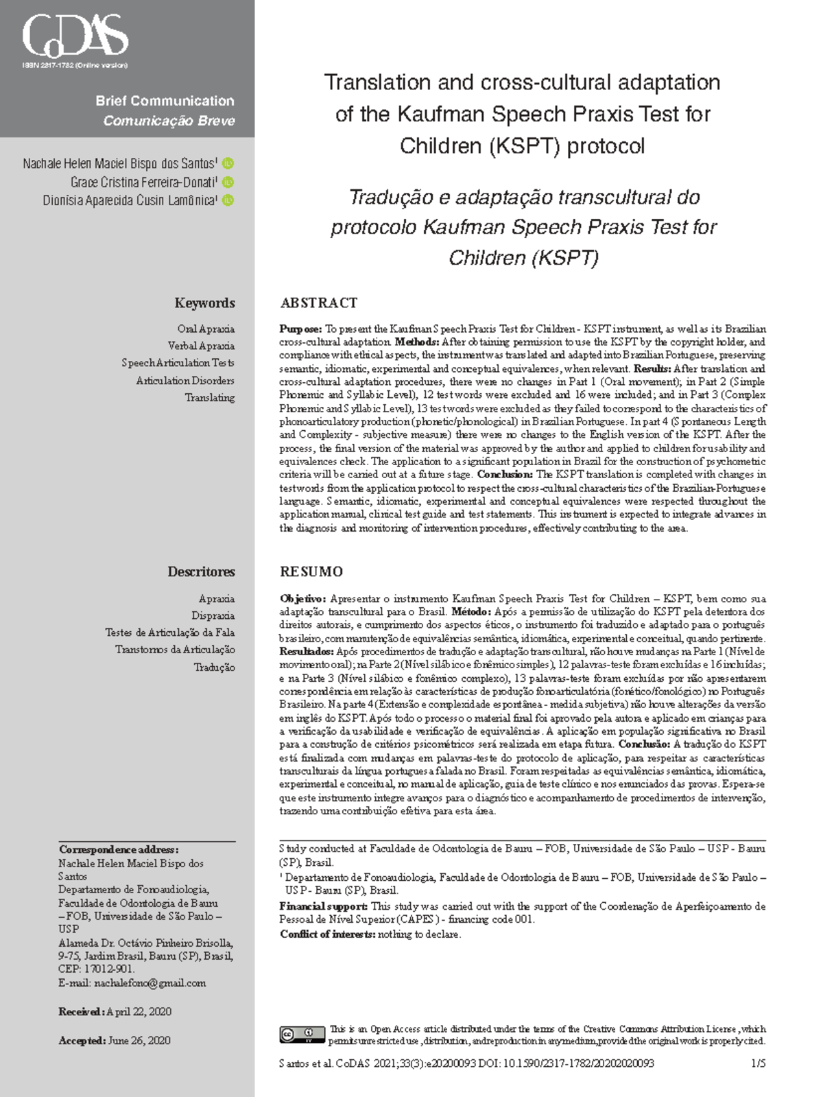 KSPT Protocol Translation and Adaptation for Brazilian Portuguese - Studocu