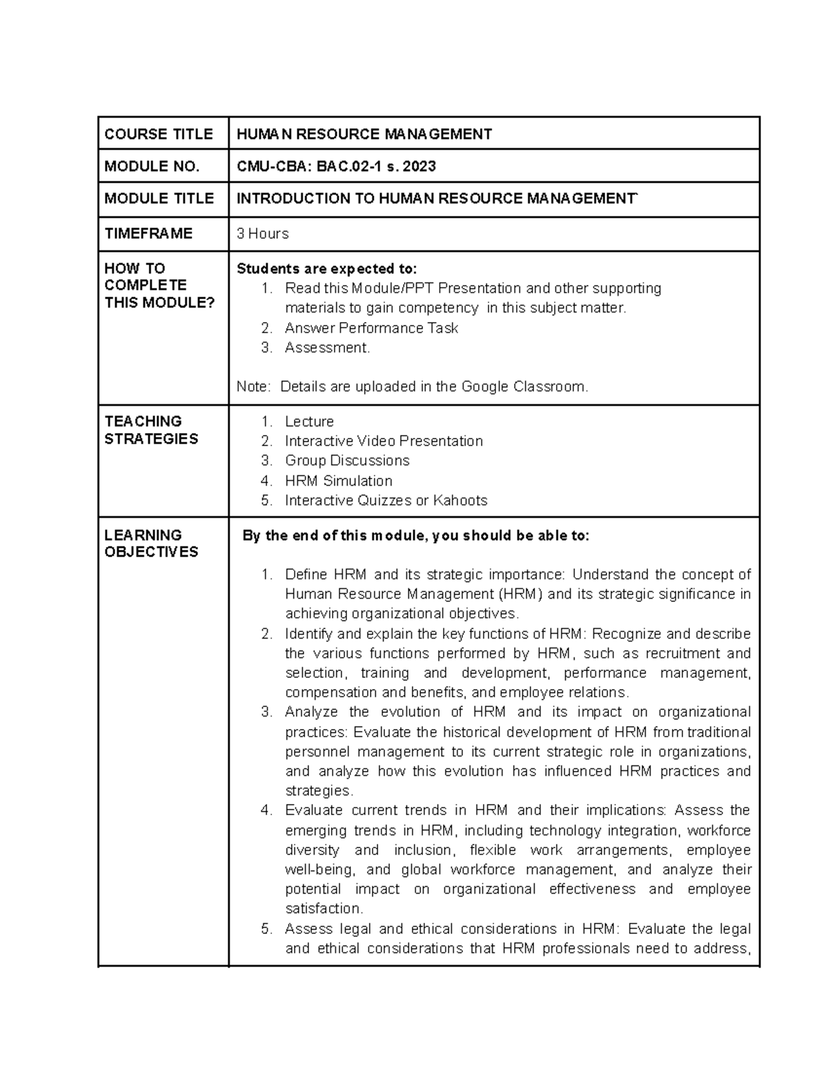 Sample Module in HRM - Summary Human Resource Management - COURSE TITLE ...