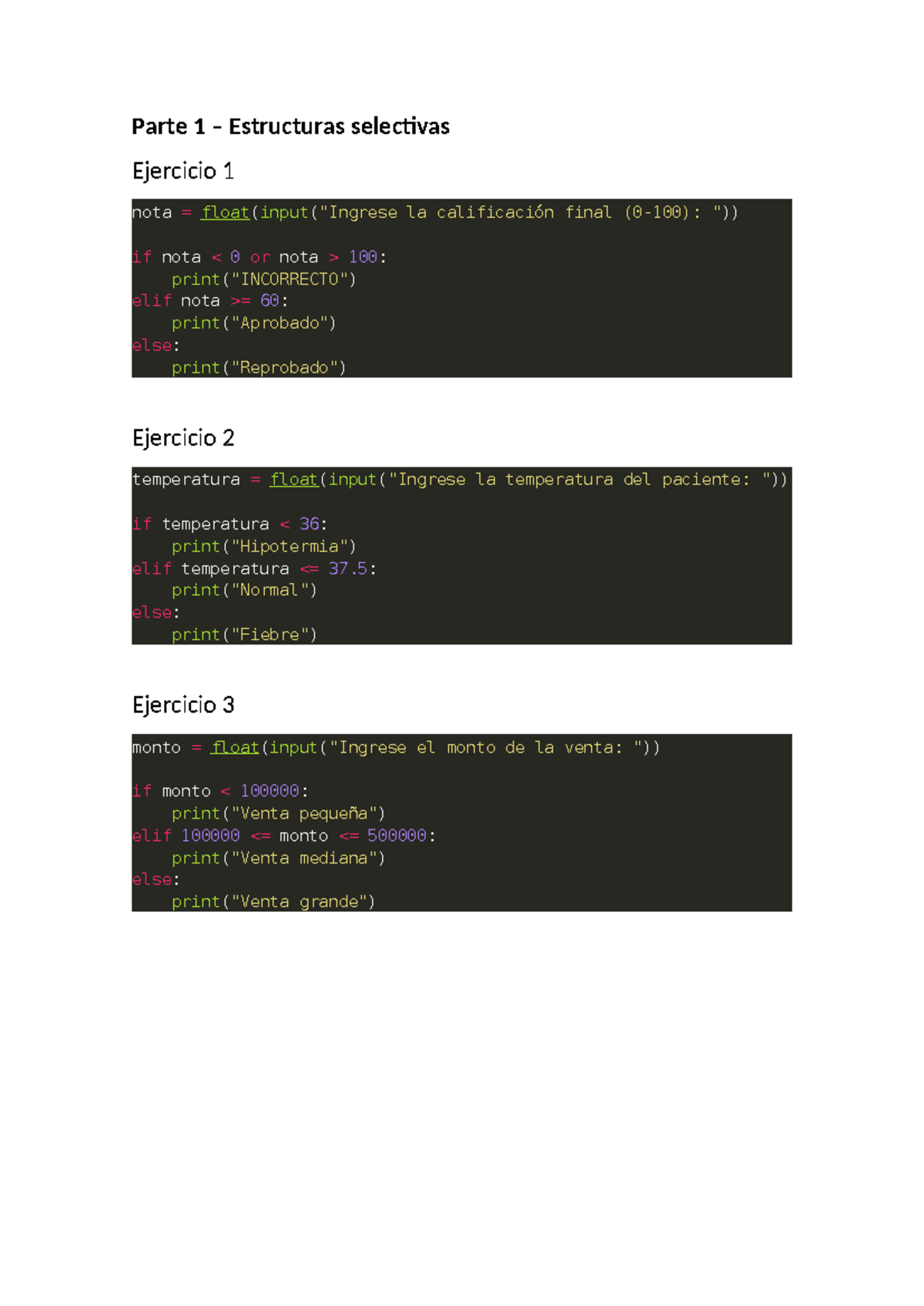 Estructuras Selectivas y Condicionales en Python - Parte 1 y 2 - Studocu