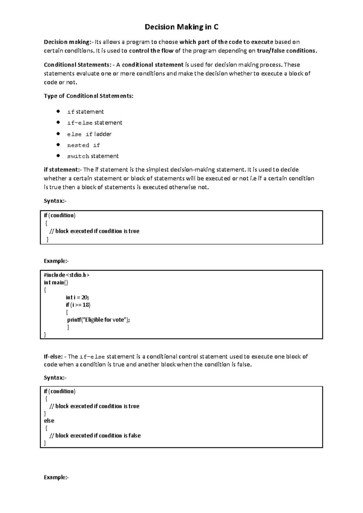 Decision Making in C - Best Notes for Programming Concepts - Studocu