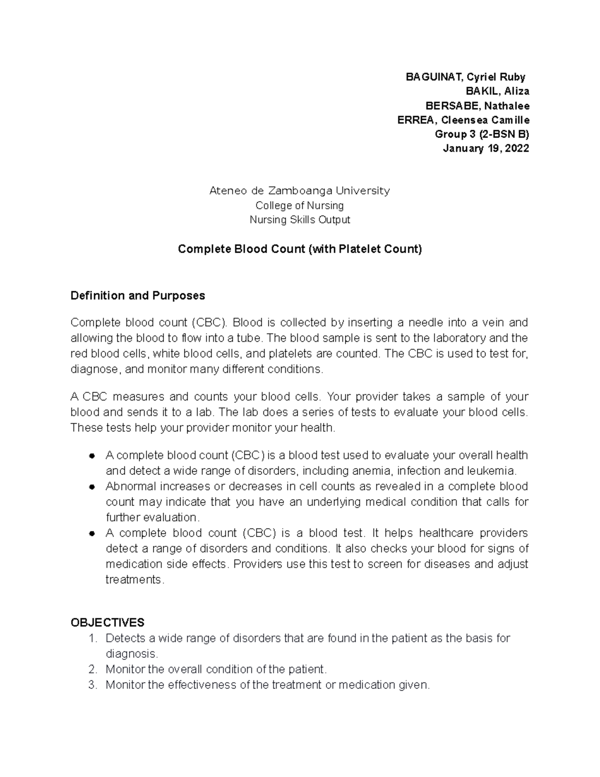 Complete Blood Count Procedure Notes - NSO 2-BSN B - Studocu