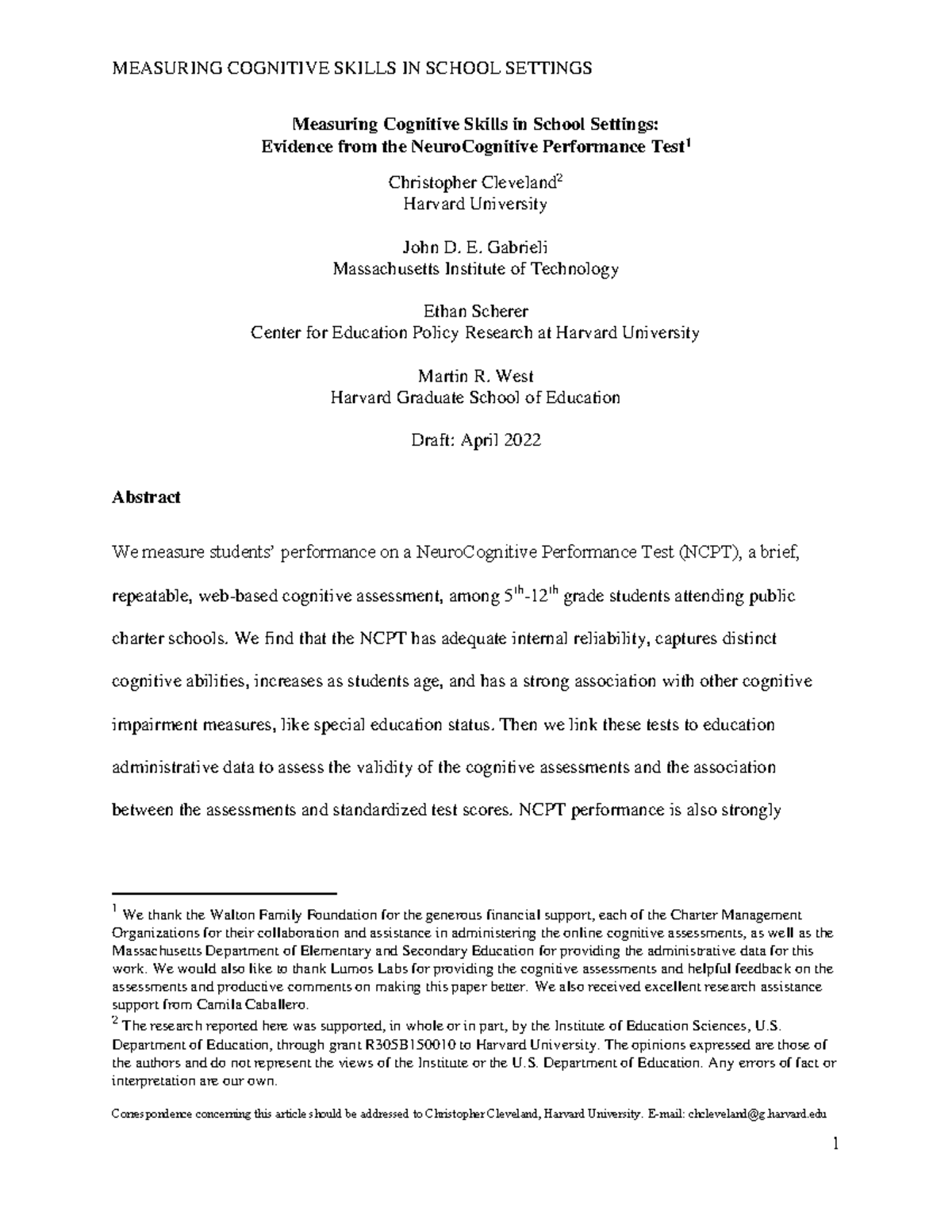 Measuring cognitive skills in school settings - Measuring Cognitive ...