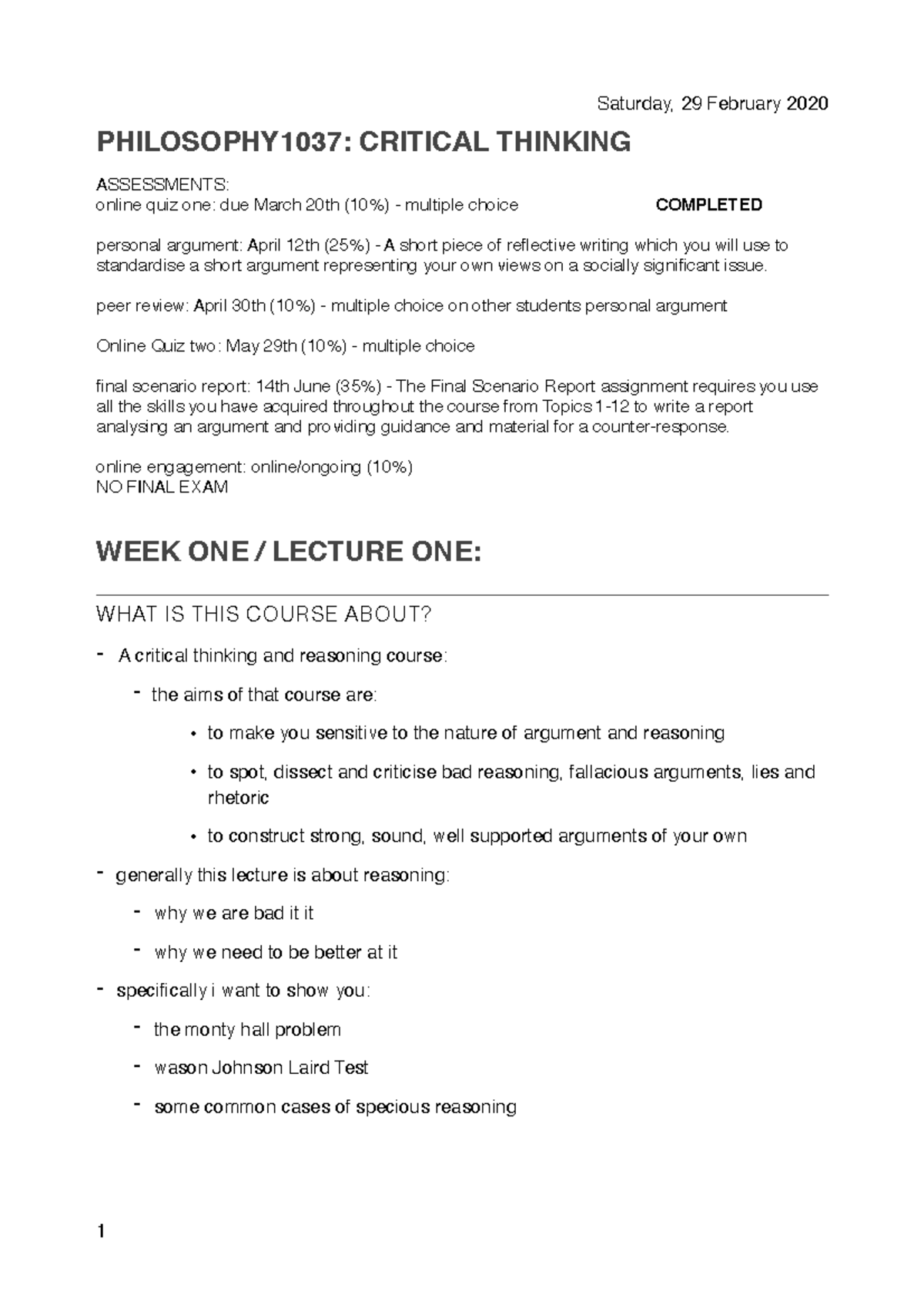 PHIL1037: CRITICAL THINKING LECTURE NOTES - PHILOSOPHY1037: CRITICAL ...