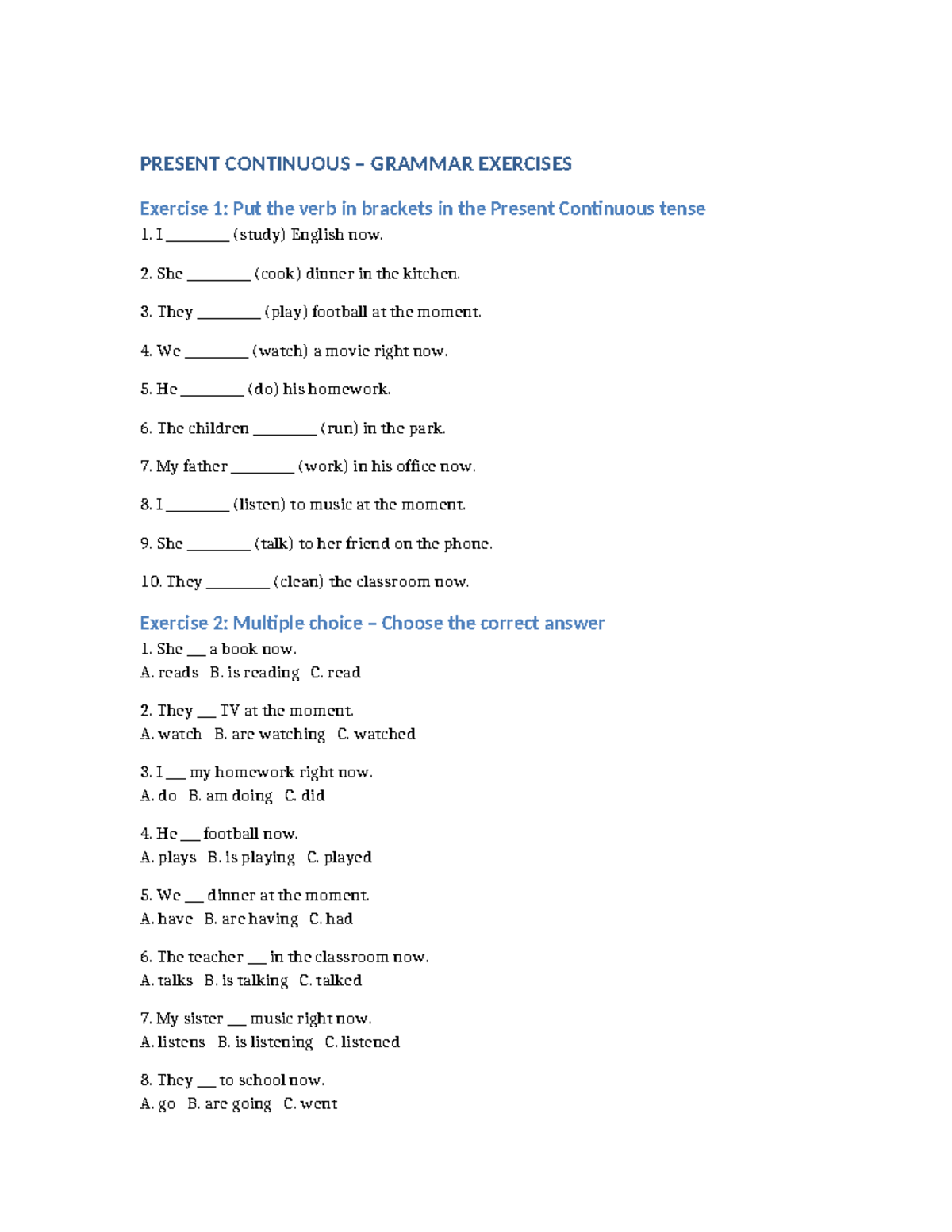 BT PPGD - Present Continuous Grammar Exercises and Answers - Studocu
