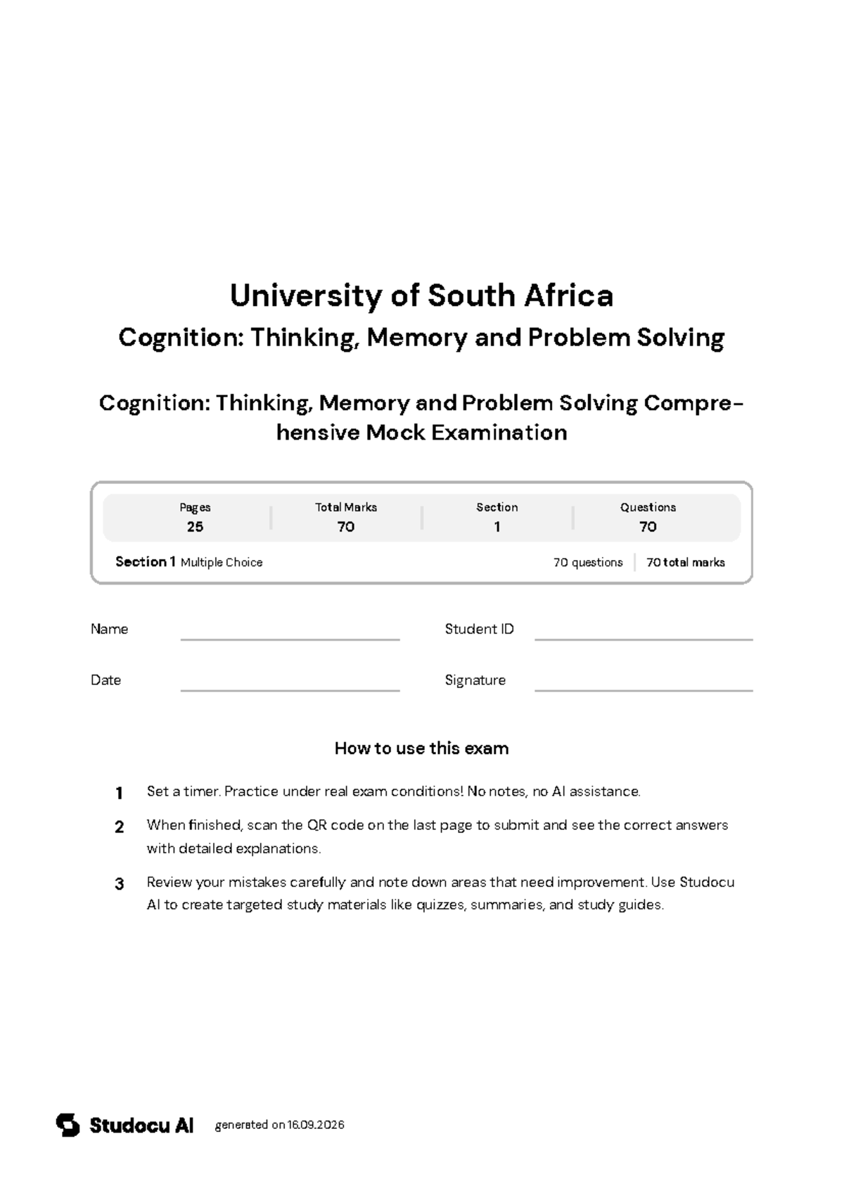 Cognition: Thinking, Memory and Problem Solving Mock Exam - Studocu