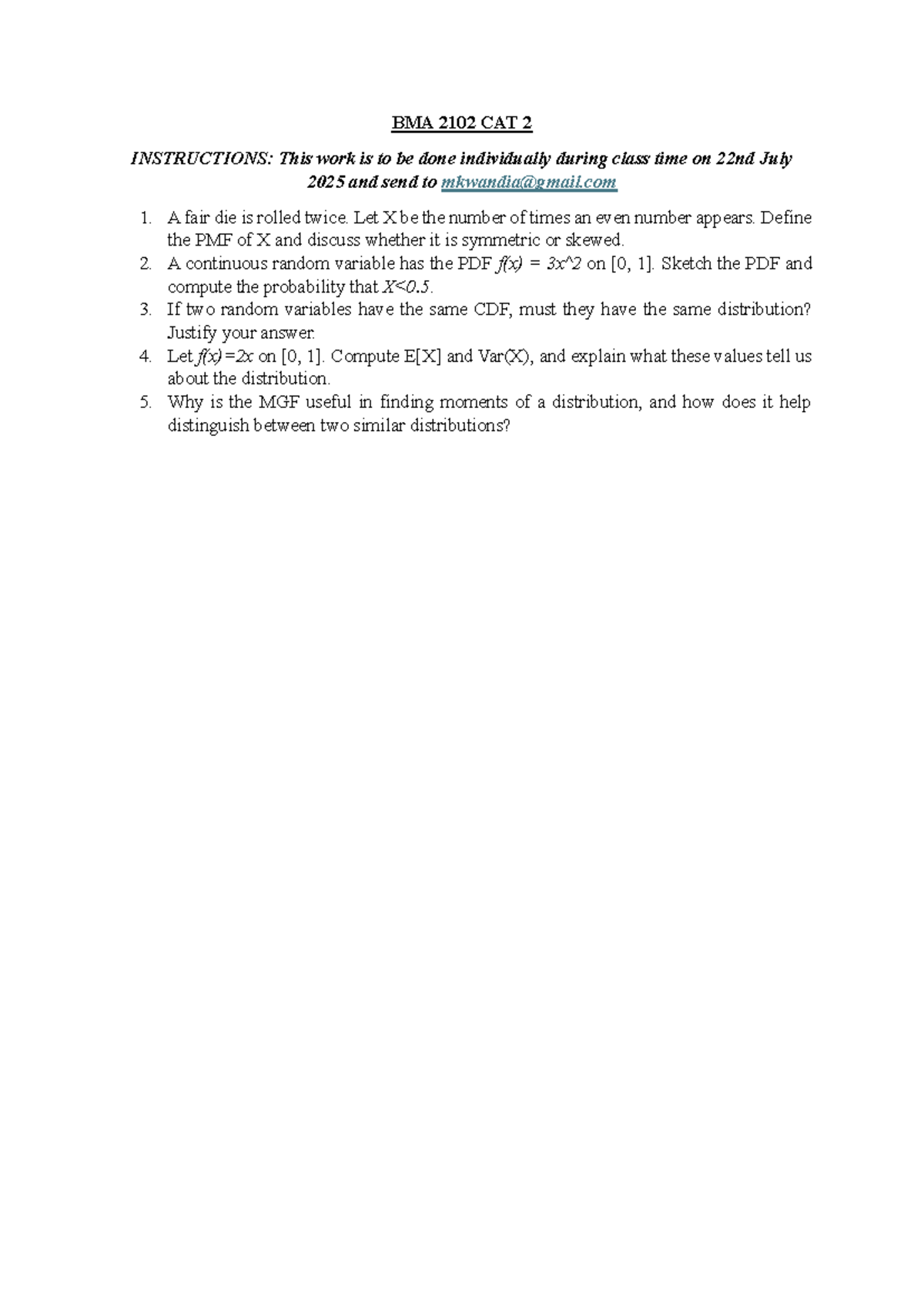 BMA 2102 CAT 2 - Probability Concepts and Analysis - Studocu