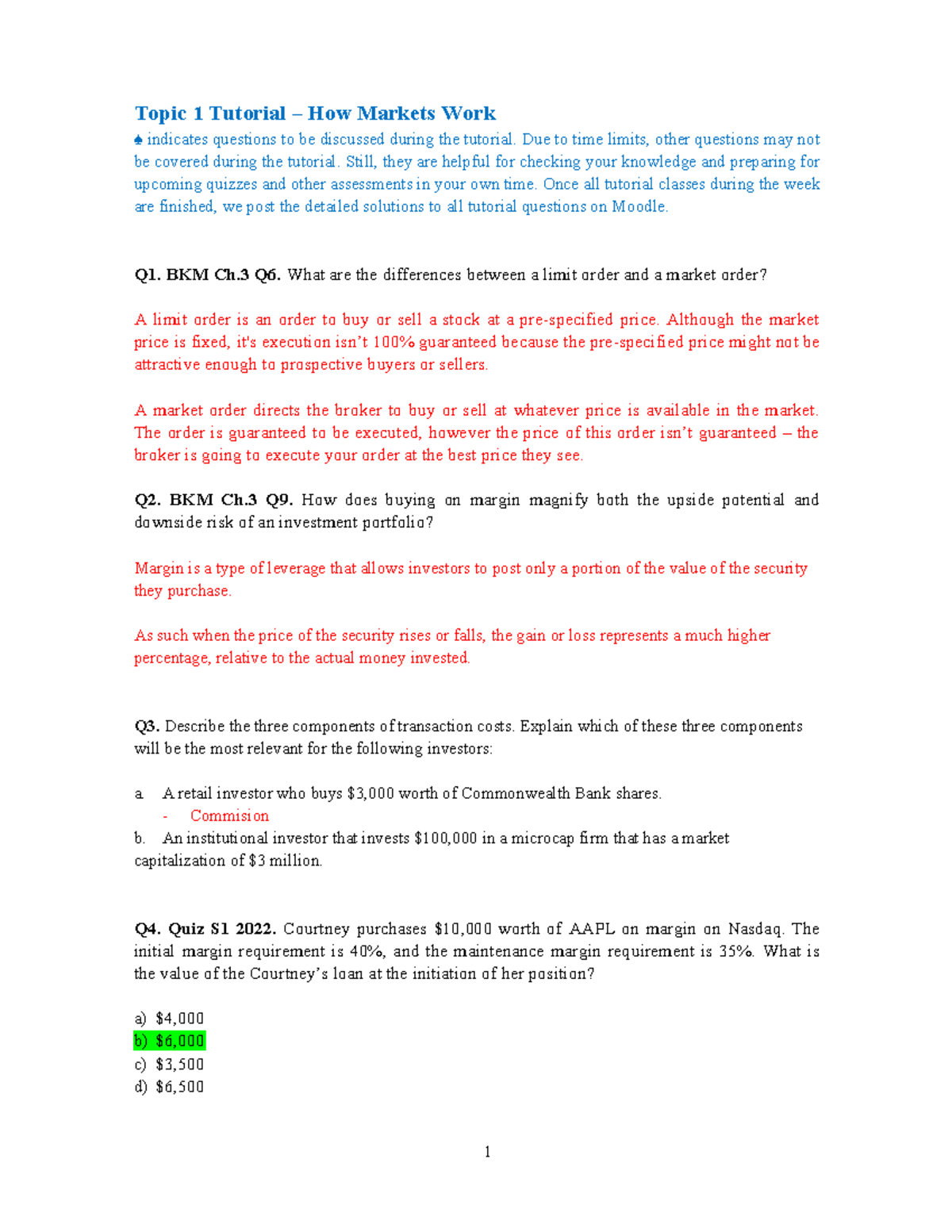 Tute 1 Questions - How Markets Work (BKM Ch.3) - Studocu