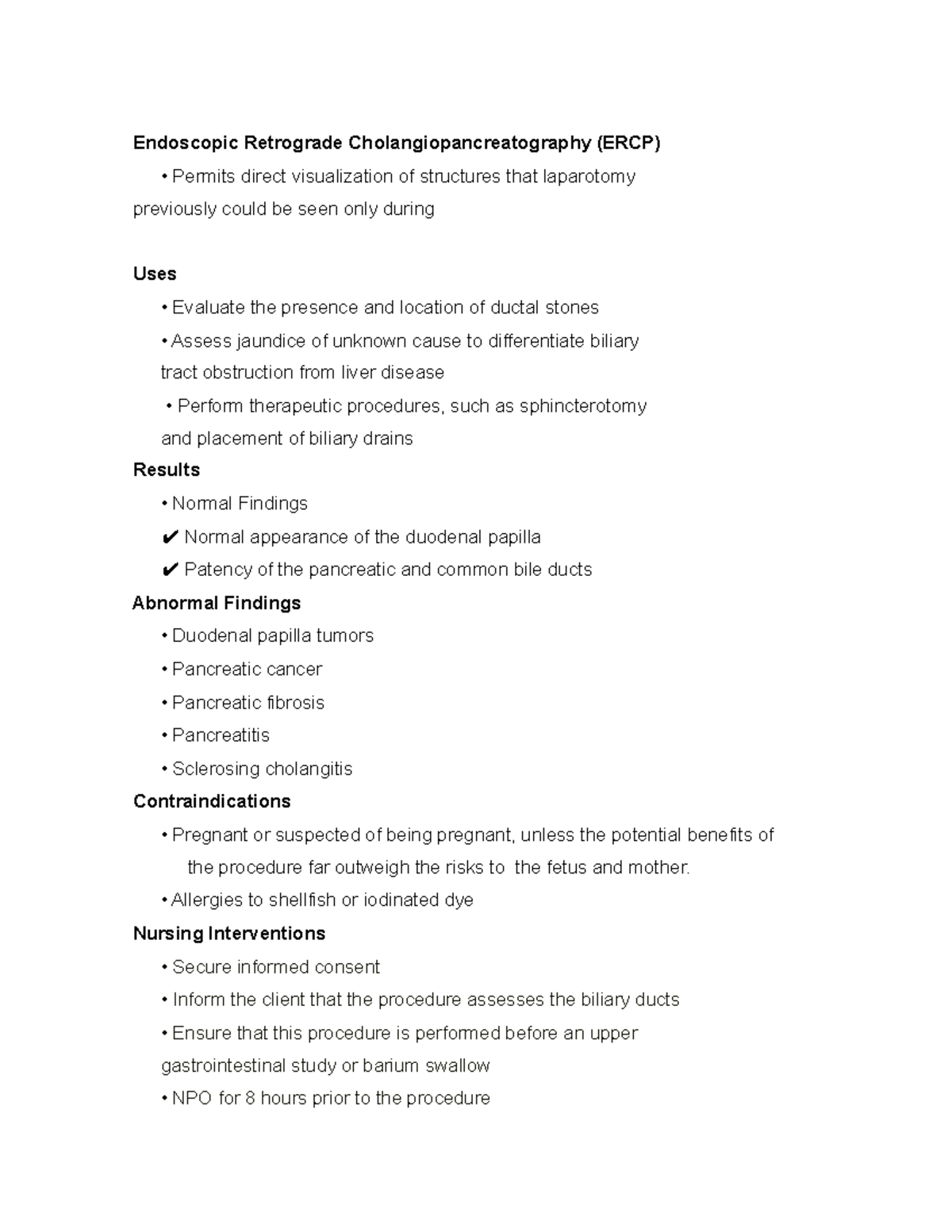 ERCP: Indications, Results, and Nursing Interventions Overview - Studocu