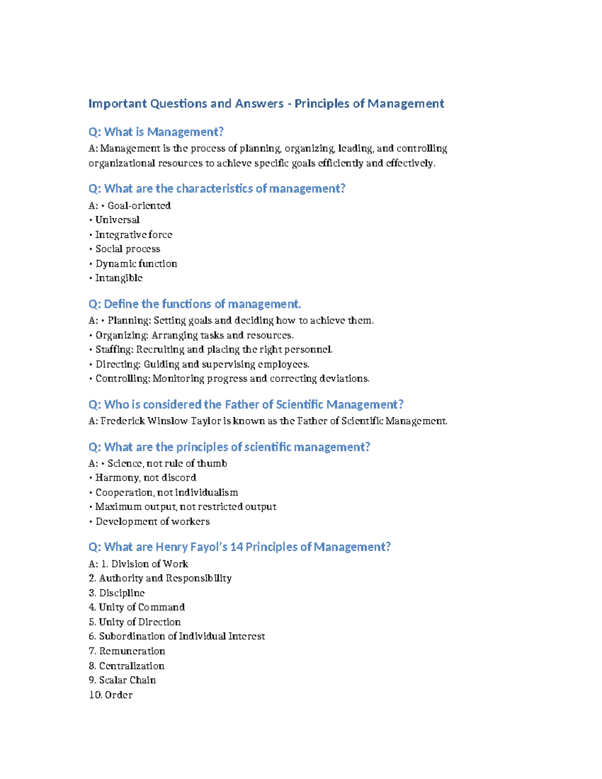 Important Q&A for Principles of Management (Final Exam Prep) - Studocu