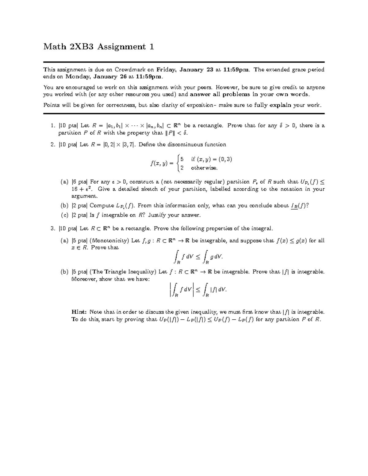 Math 2XB3 Assignment 1: Integral Properties & Discontinuous Functions ...