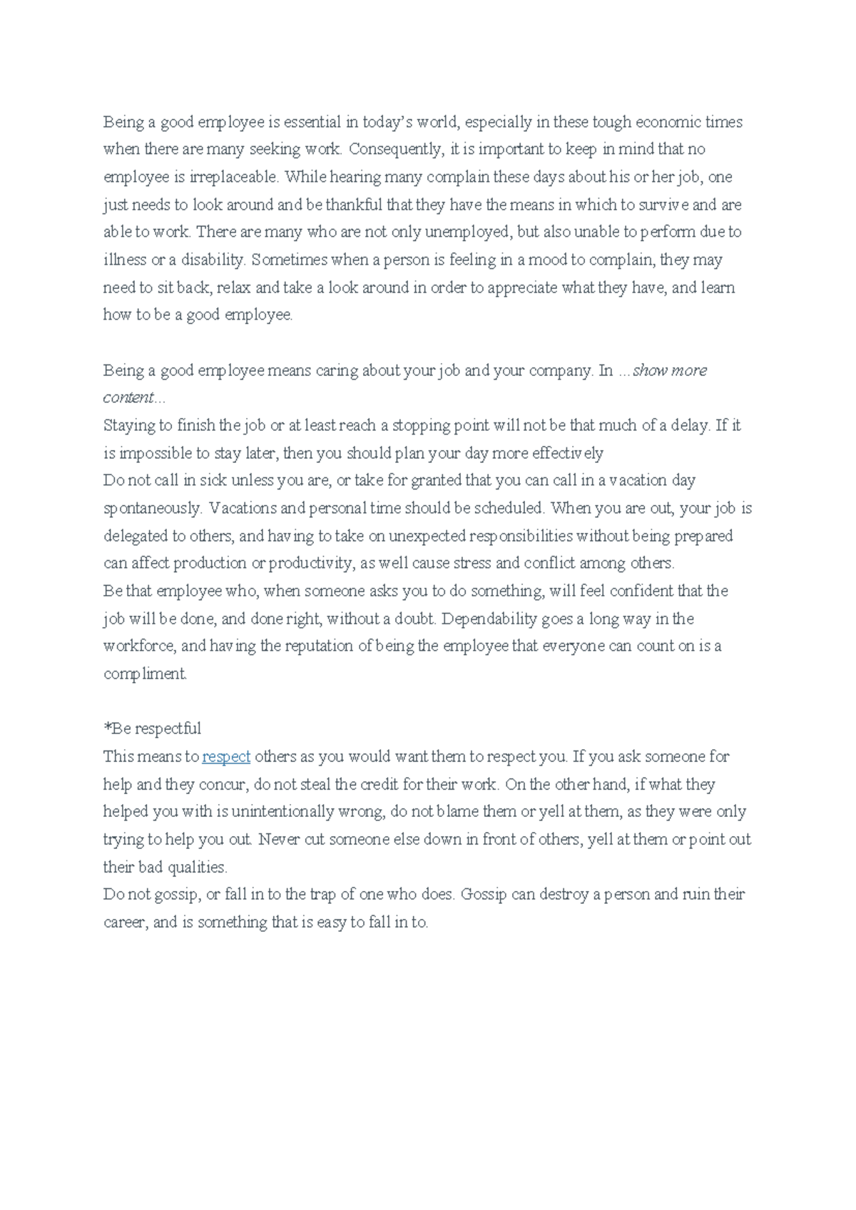 Fdrsrv - NOTES - Being a good employee is essential in today’s world ...