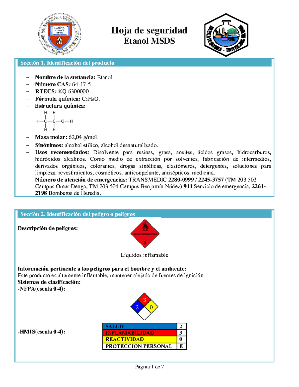 Ficha Técnica de Etanol: Seguridad y Usos - Proyecto Química 2023 - Studocu