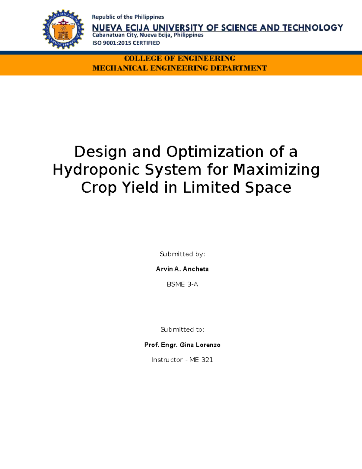 Design and Optimization of Solar-Powered Hydroponics in ME 321 - Studocu