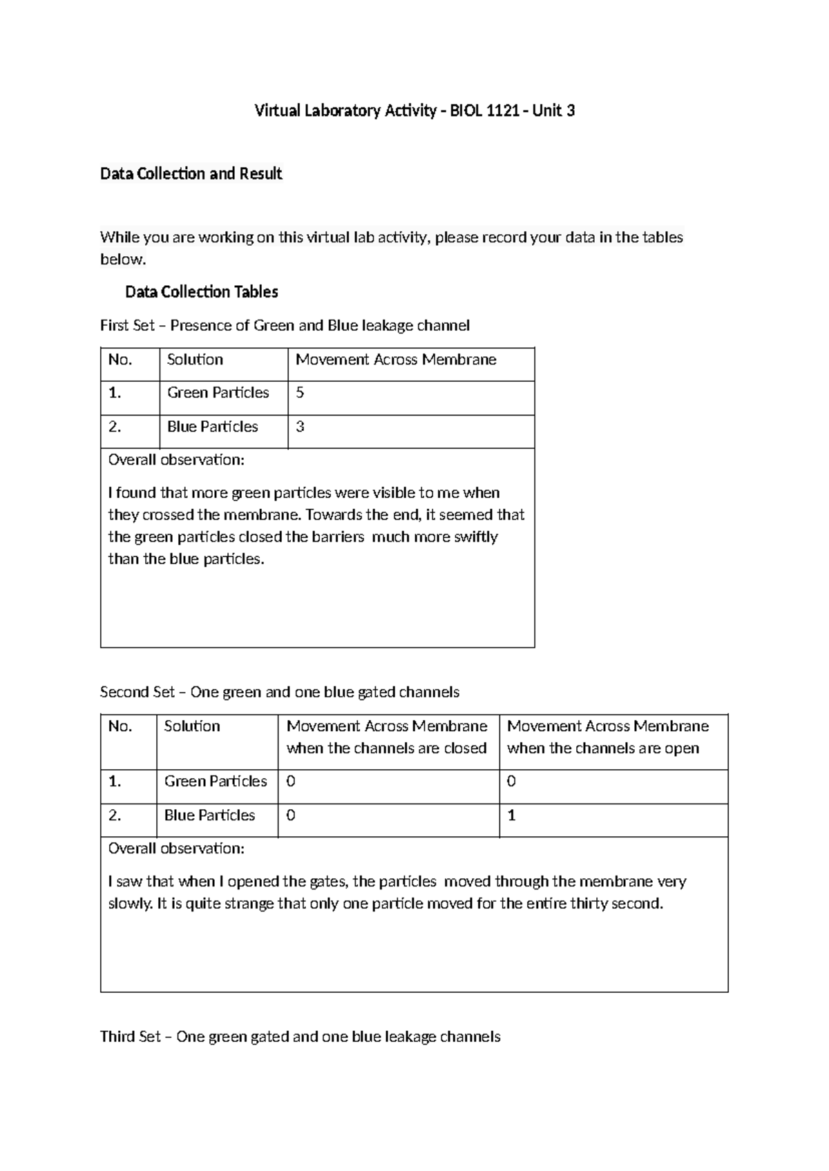 BIOL1121 U5 Virtual Lab Data Collection & Observations on Membrane ...