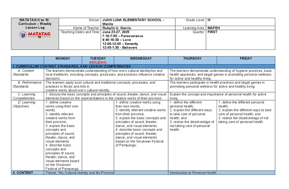 MATATAG K to 10 Curriculum Weekly Lesson Log: MAPEH G4 Week 2 - Studocu