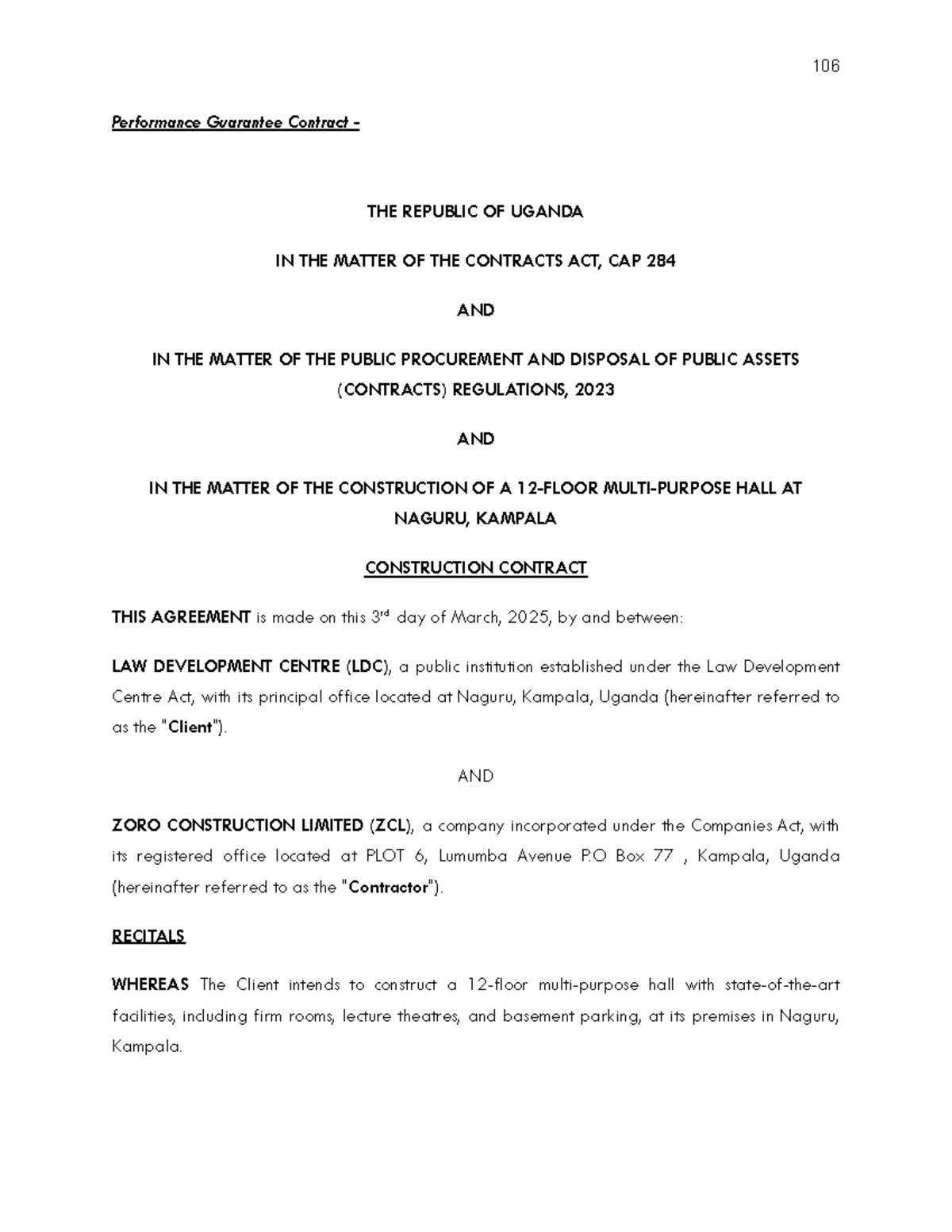 106 Construction Contract for Hall at Naguru, Kampala - Performance ...