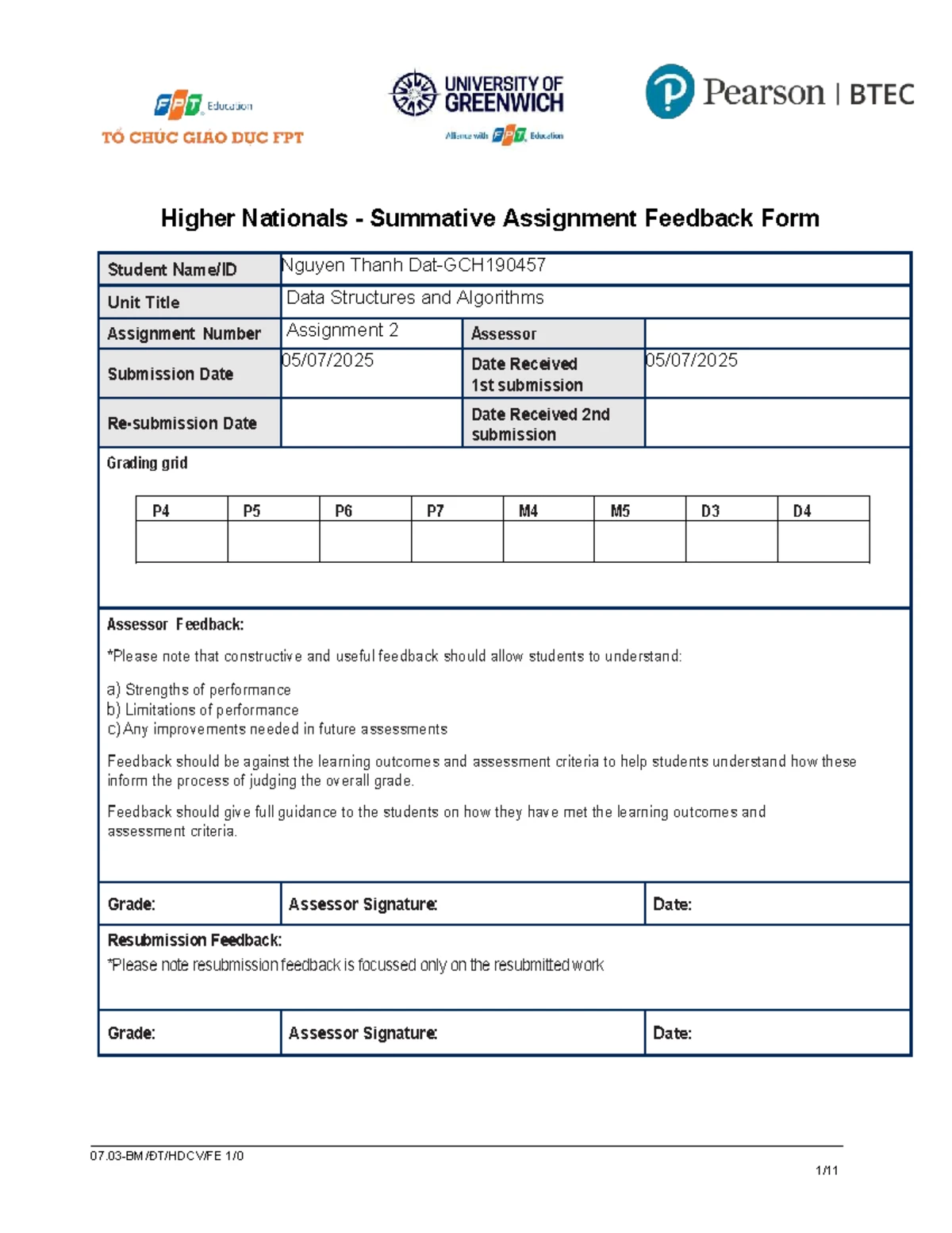 1649 ASM1 - Unit 20: Data Structures & Algorithms Feedback Form - Studocu