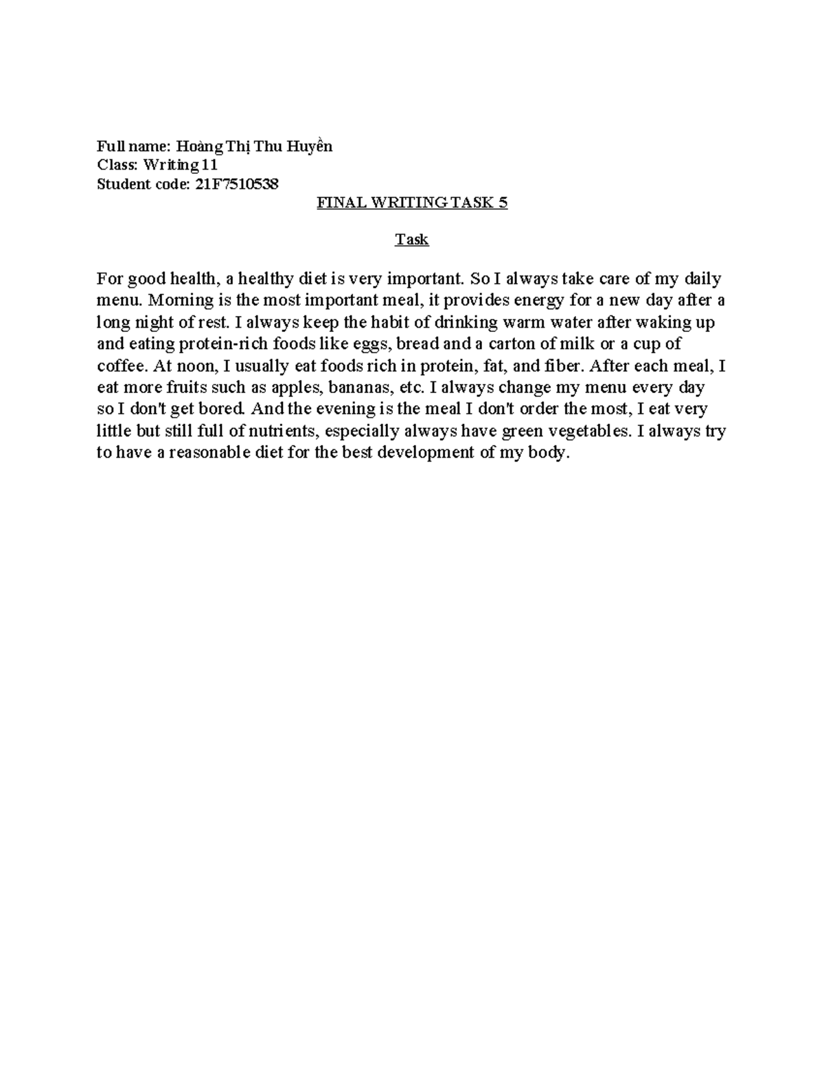 Writing 11: Final Writing Task 5 on Healthy Diet - Studocu