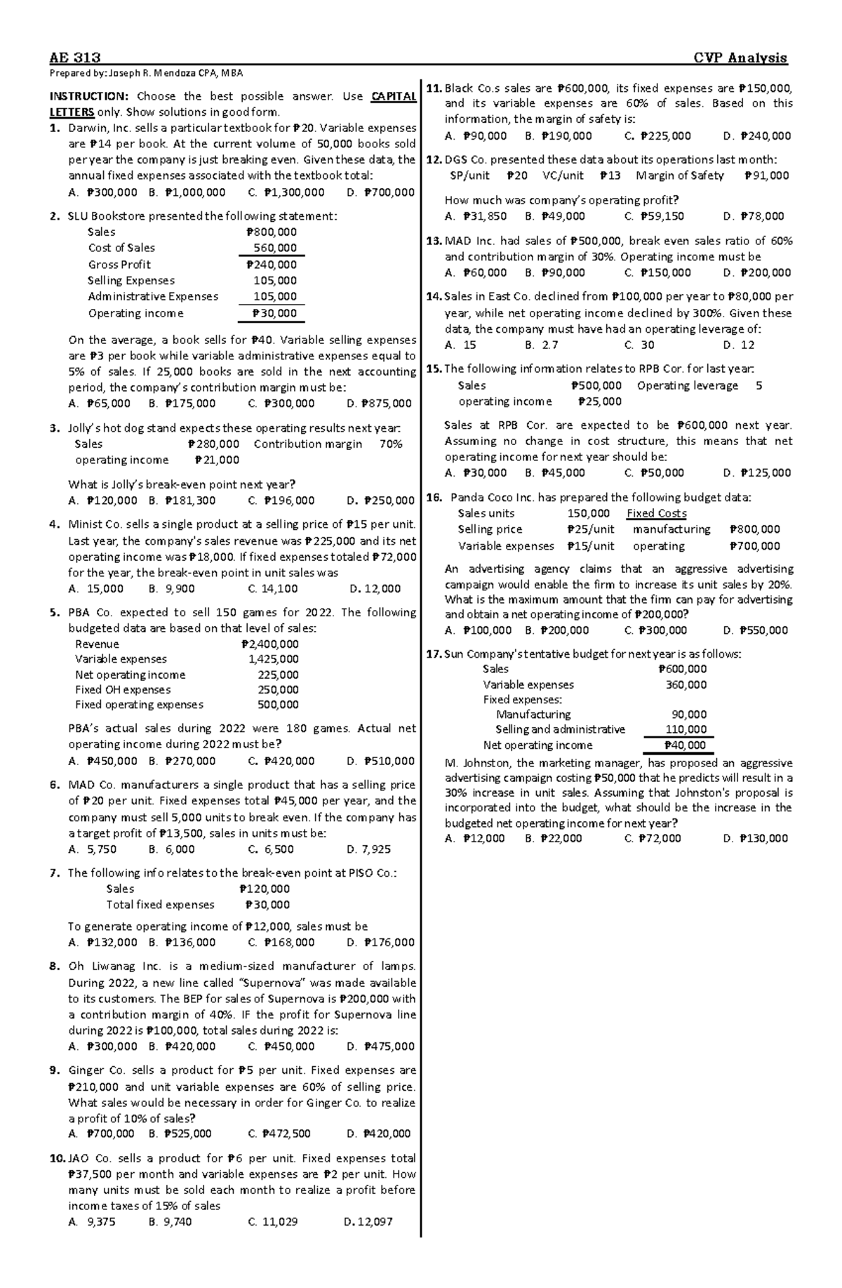Unit 2 CVP Exercises Review - MAS: Solutions & Analysis Insights - Studocu