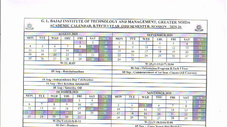 B.Tech 1st Year Odd Semester Academic Calendar (Session 2023-2024 ...