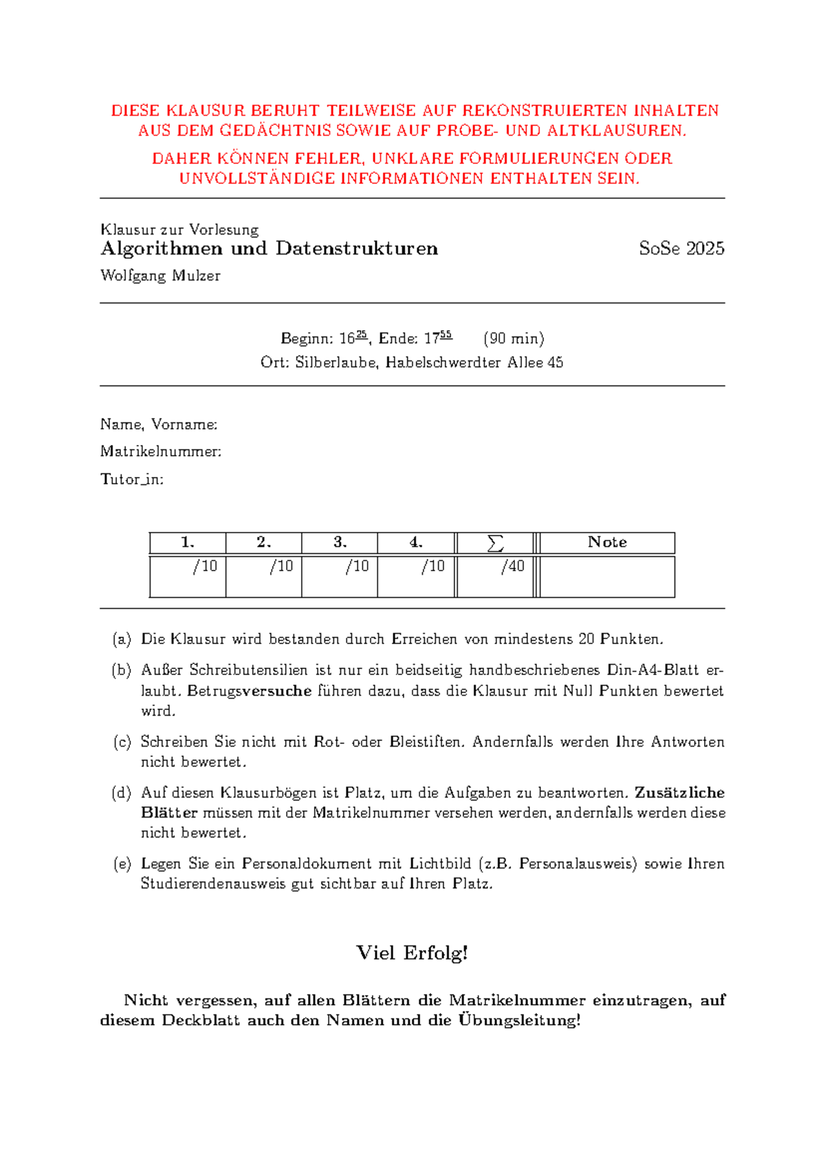 ADS Klausur SoSe 2025: Algorithmen und Datenstrukturen - Document Preview