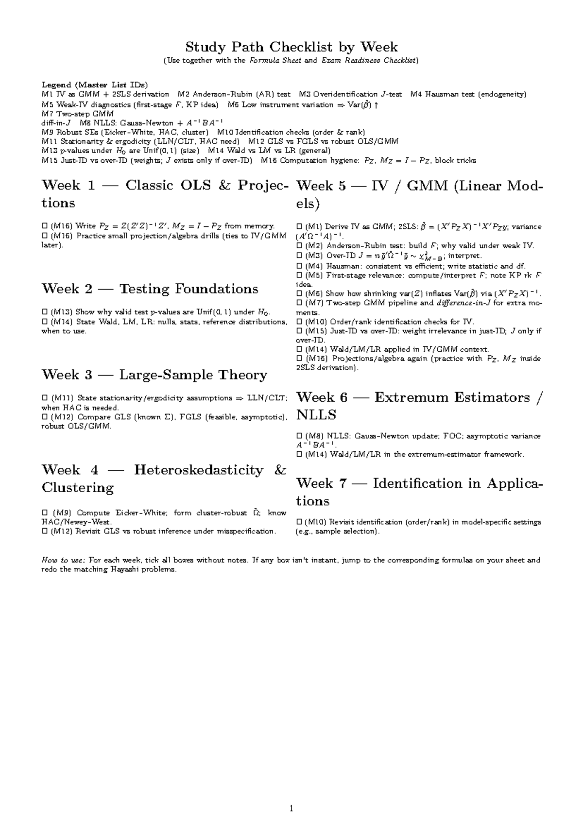 Econometrics Cheat Sheet: Study Path Checklist (GMM, IV, OLS) - Studocu