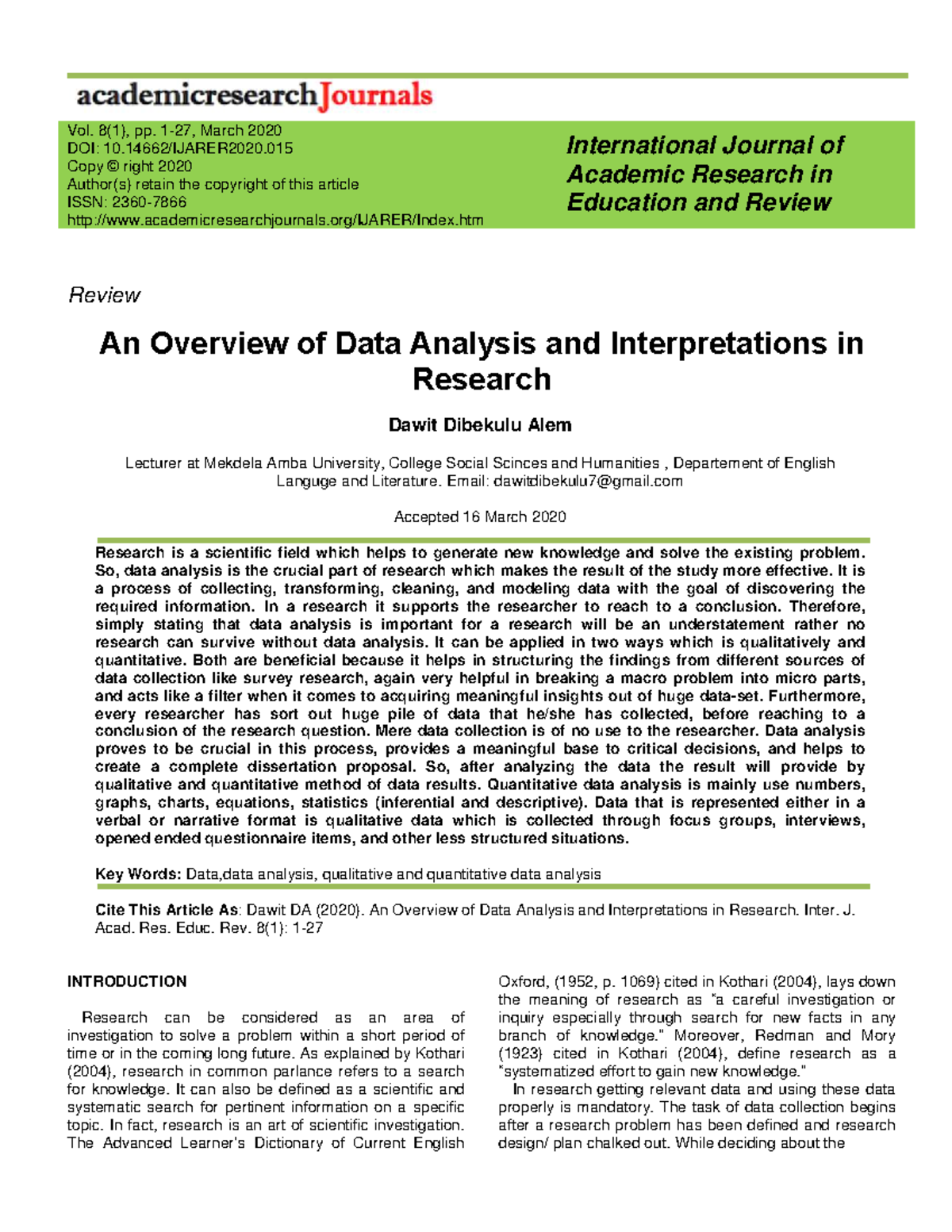 An Overview of Data Analysis Techniques in Research (EDU 2020) - Studocu