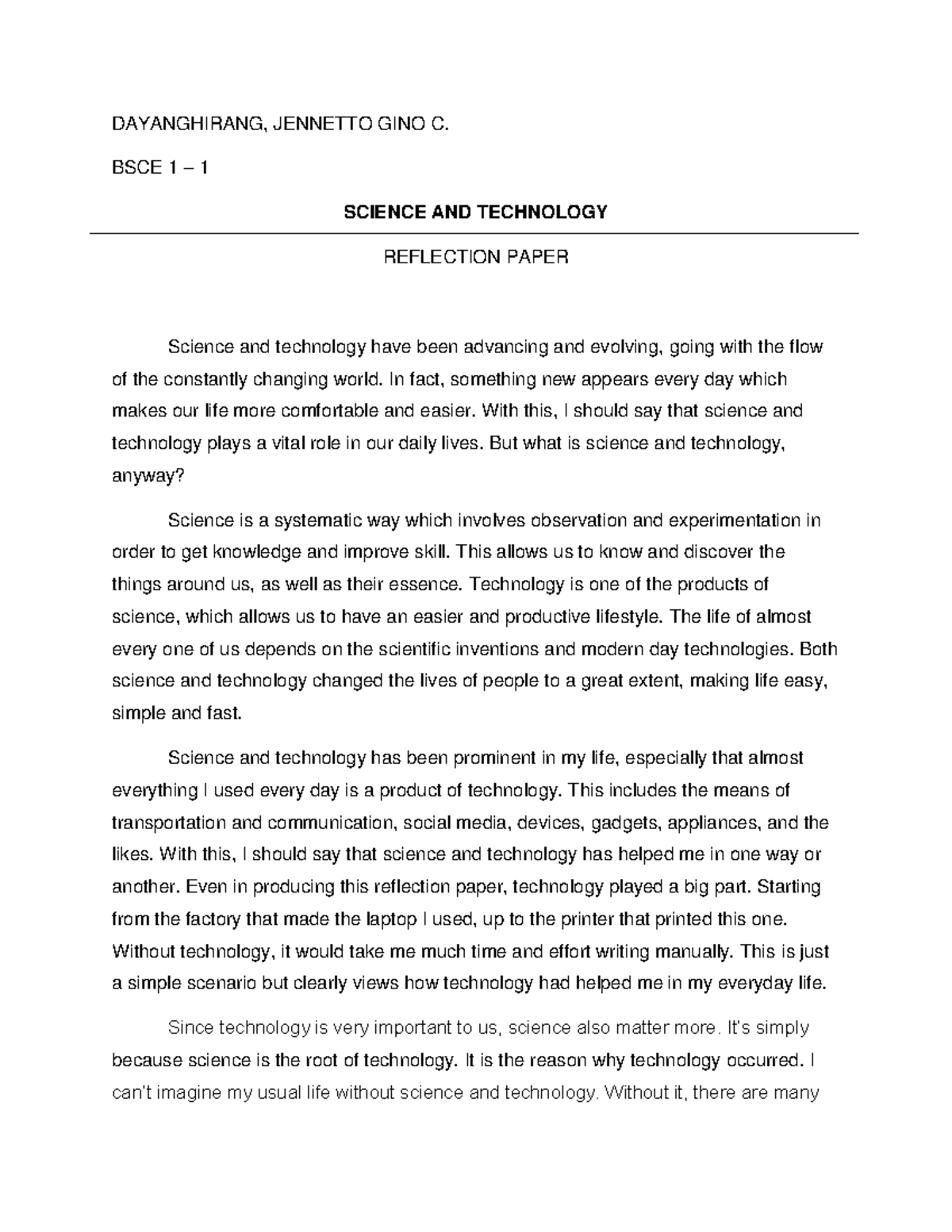 Reflection Paper 1: The Role of Science and Technology in Everyday Life ...