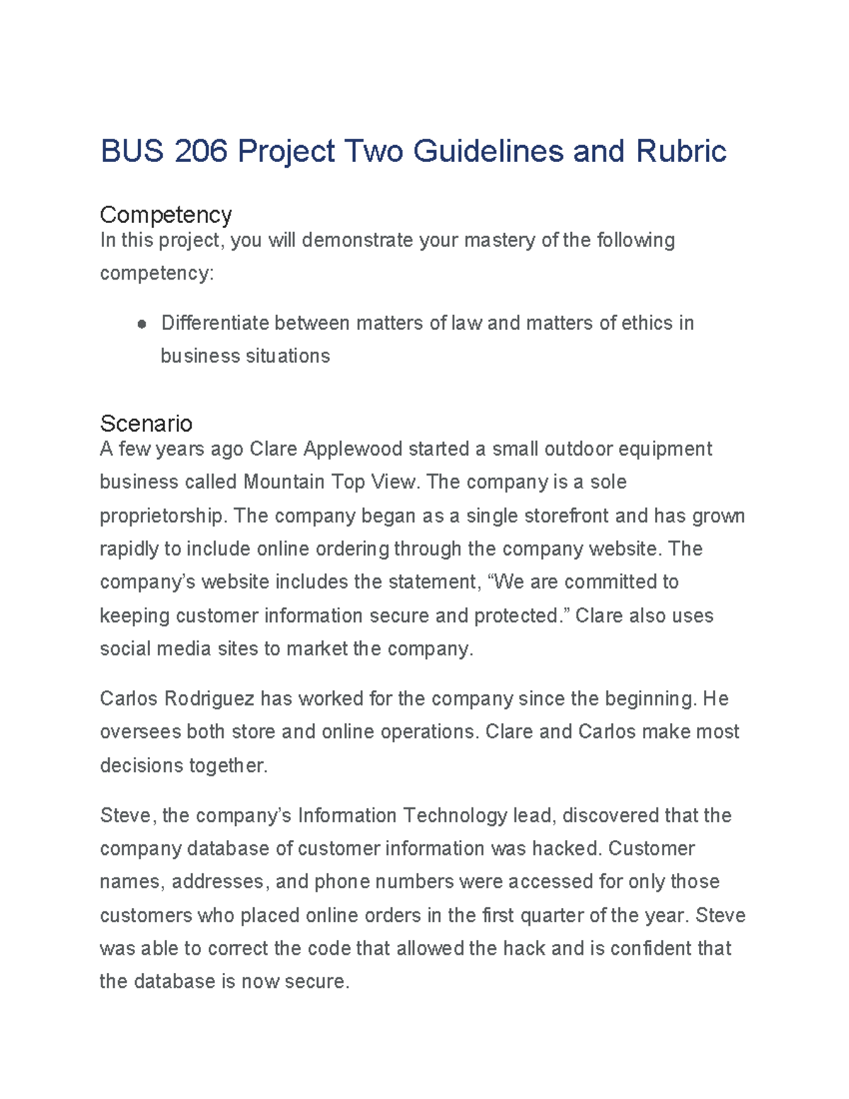 Project 2 Guidelines - BUS 206 Project Two Guidelines and Rubric ...