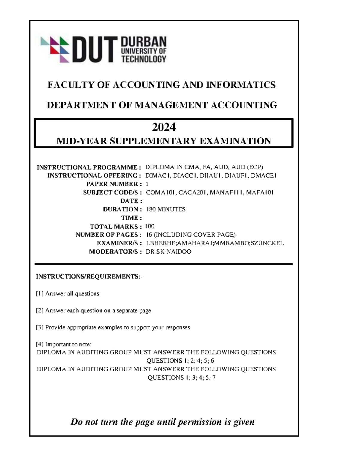 Final Supplementary Exam - Cost & Management Accounting 101 (2024 ...