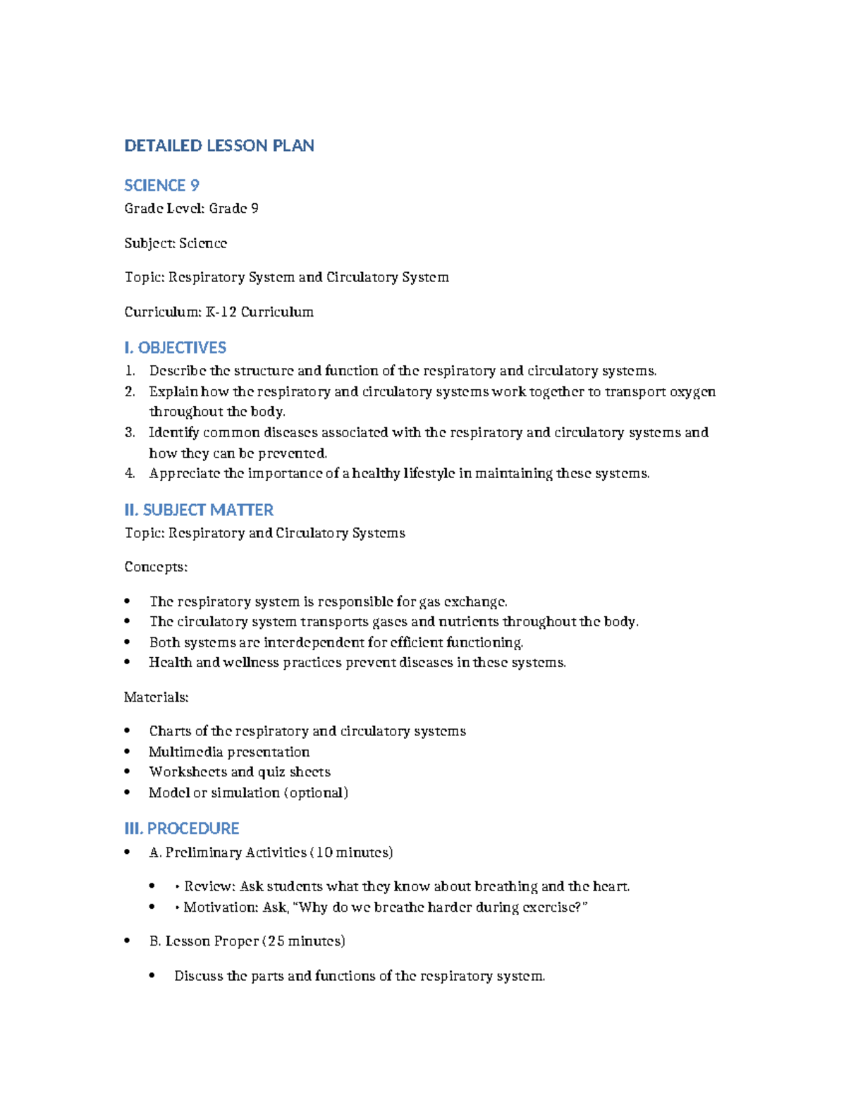 Science 9 Detailed Lesson Plan: Respiratory & Circulatory Systems - Studocu