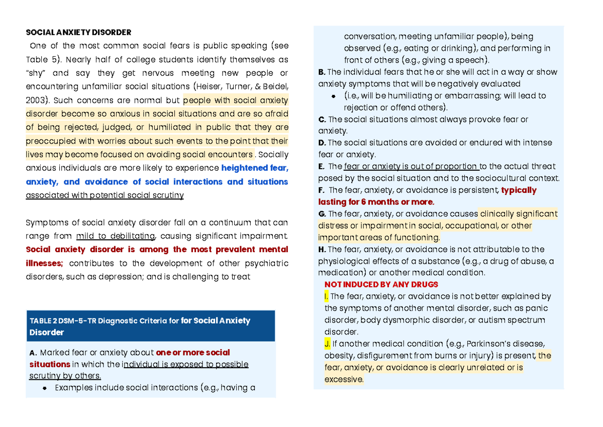 Social Anxiety Disorder notes - SOCIAL ANXIETY DISORDER One of the most ...