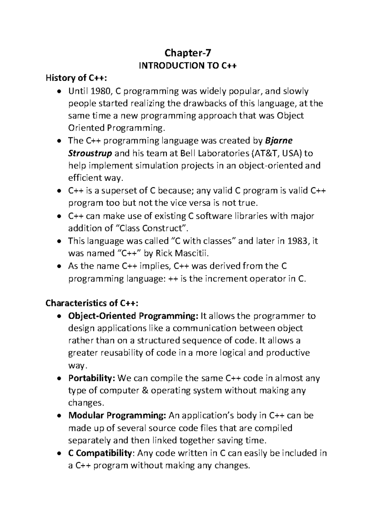 Intro C - notes - Chapter- INTRODUCTION TO C++ History of C++: Until ...