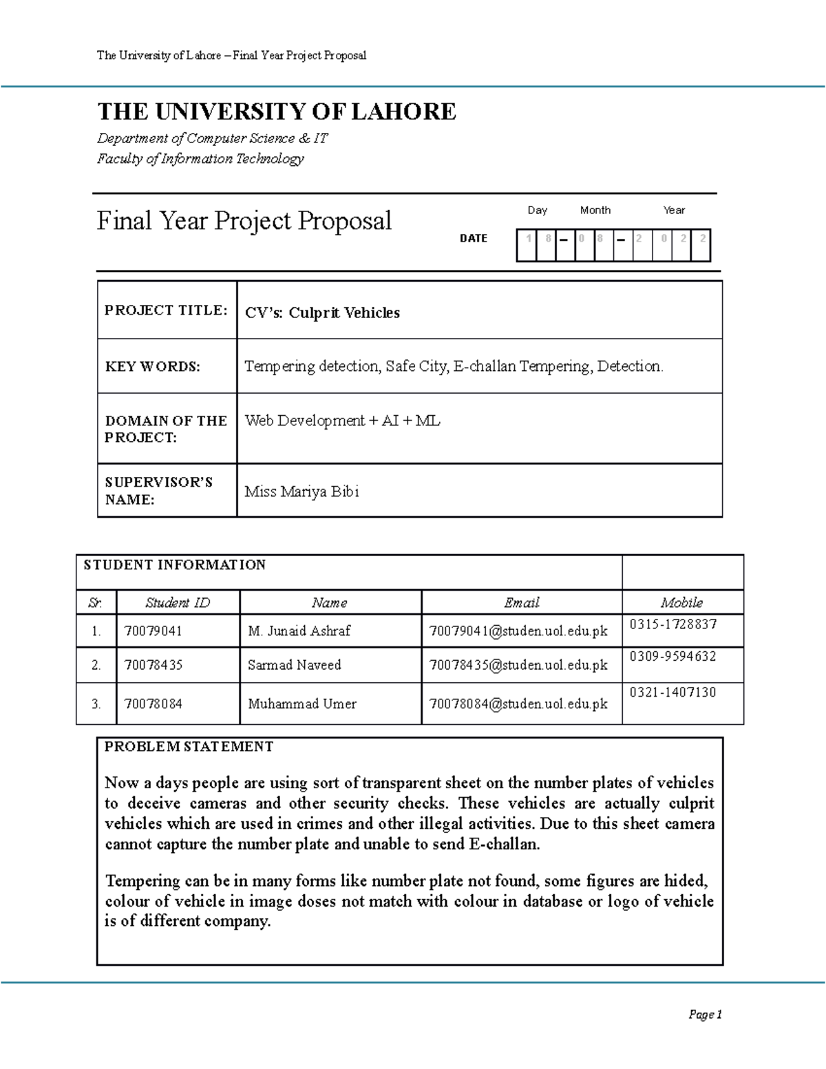 FYP Proposal - CV’s: Tempering Detection in Safe City Project - Studocu