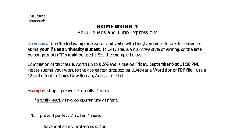 EMLS 102R Homework 1: Verb Tenses and Time Expressions - Studocu