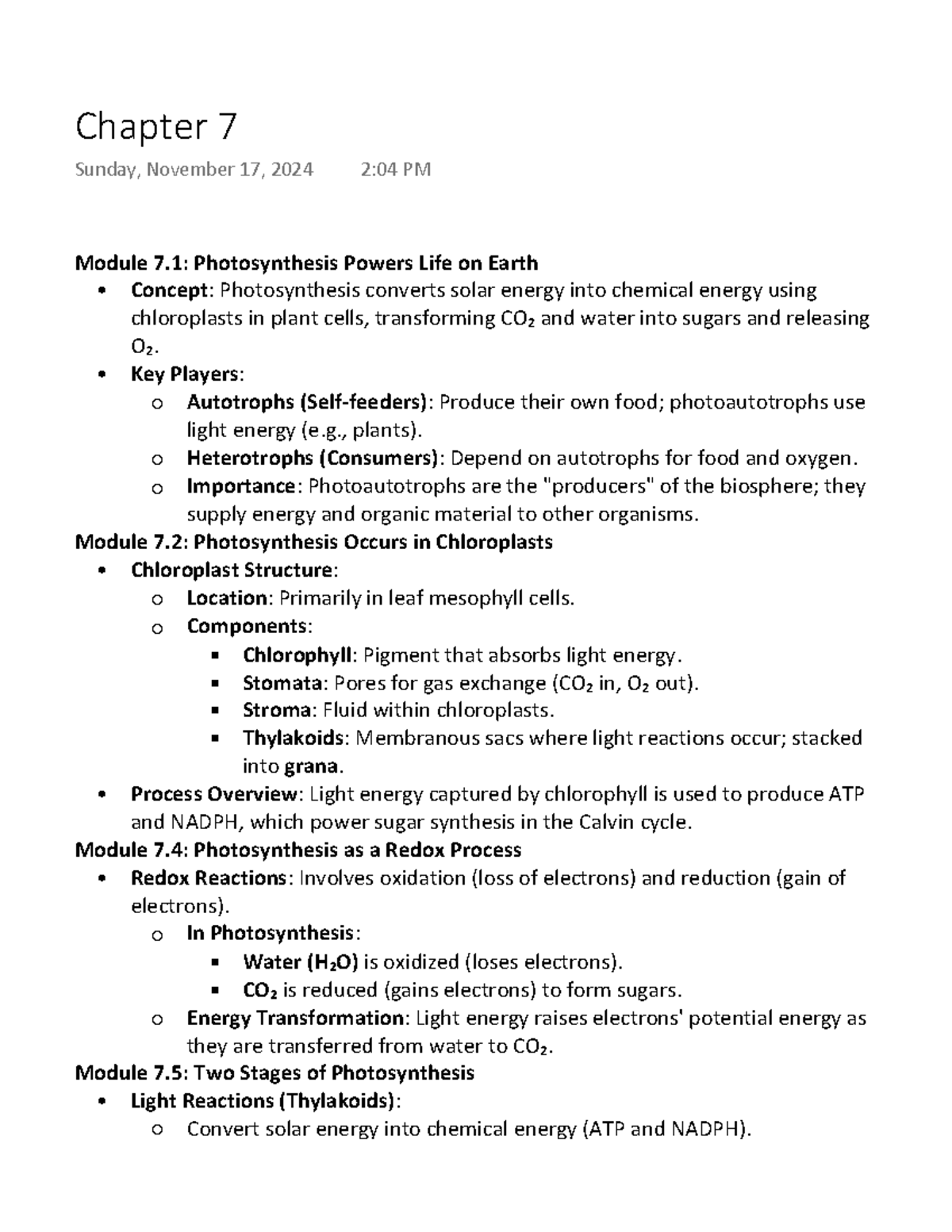 Chapter 7 - Module 7: Photosynthesis Powers Life on Earth Concept ...