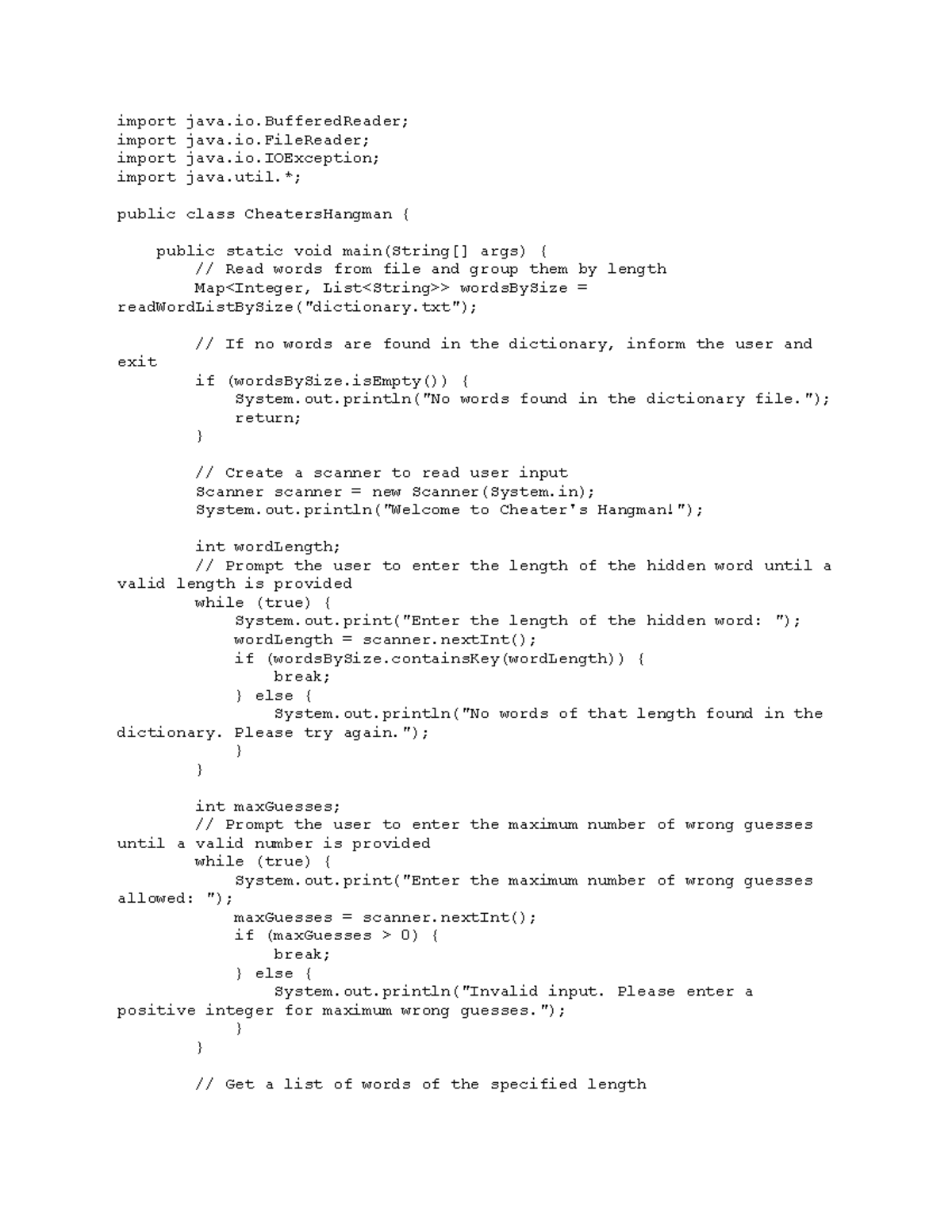 CS101: Cheater's Hangman Game Implementation in Java - Studocu