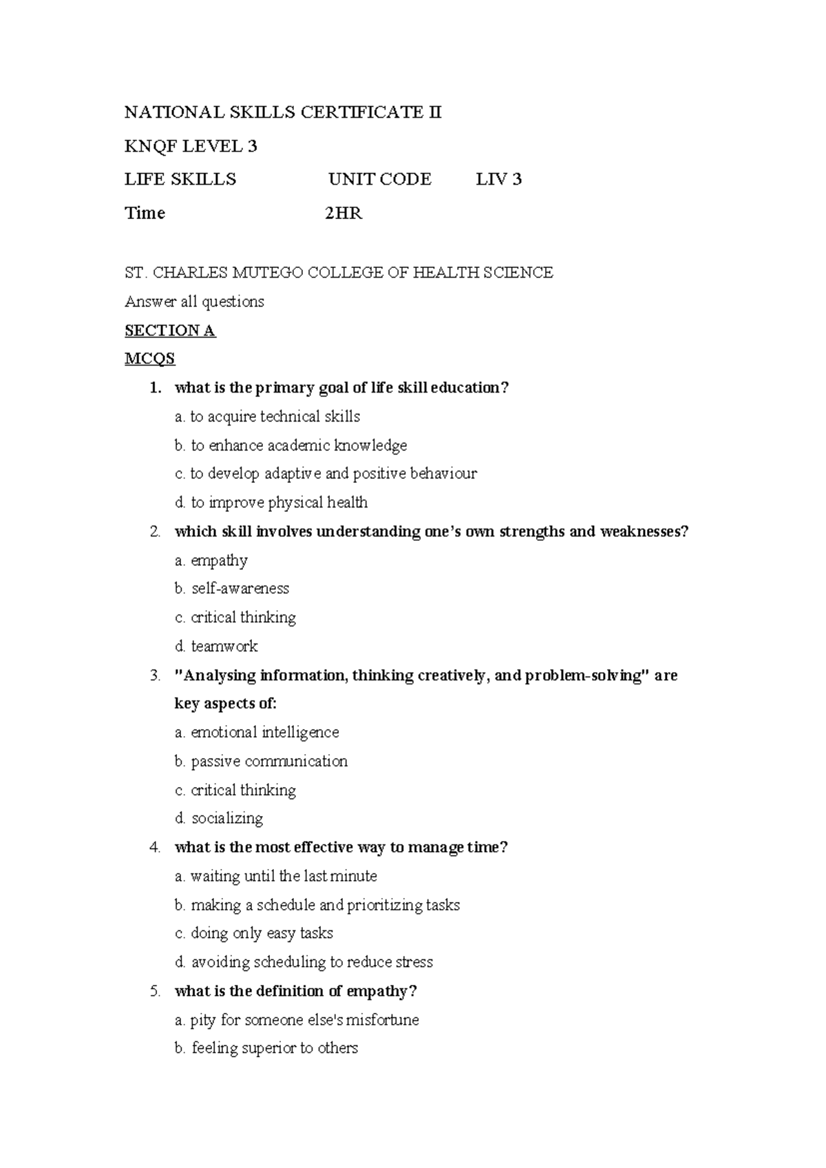 LIFE SKILLS UNIT CODE KNQF LEVEL 3 FINAL EXAM - ST. CHARLES MUTEGO ...